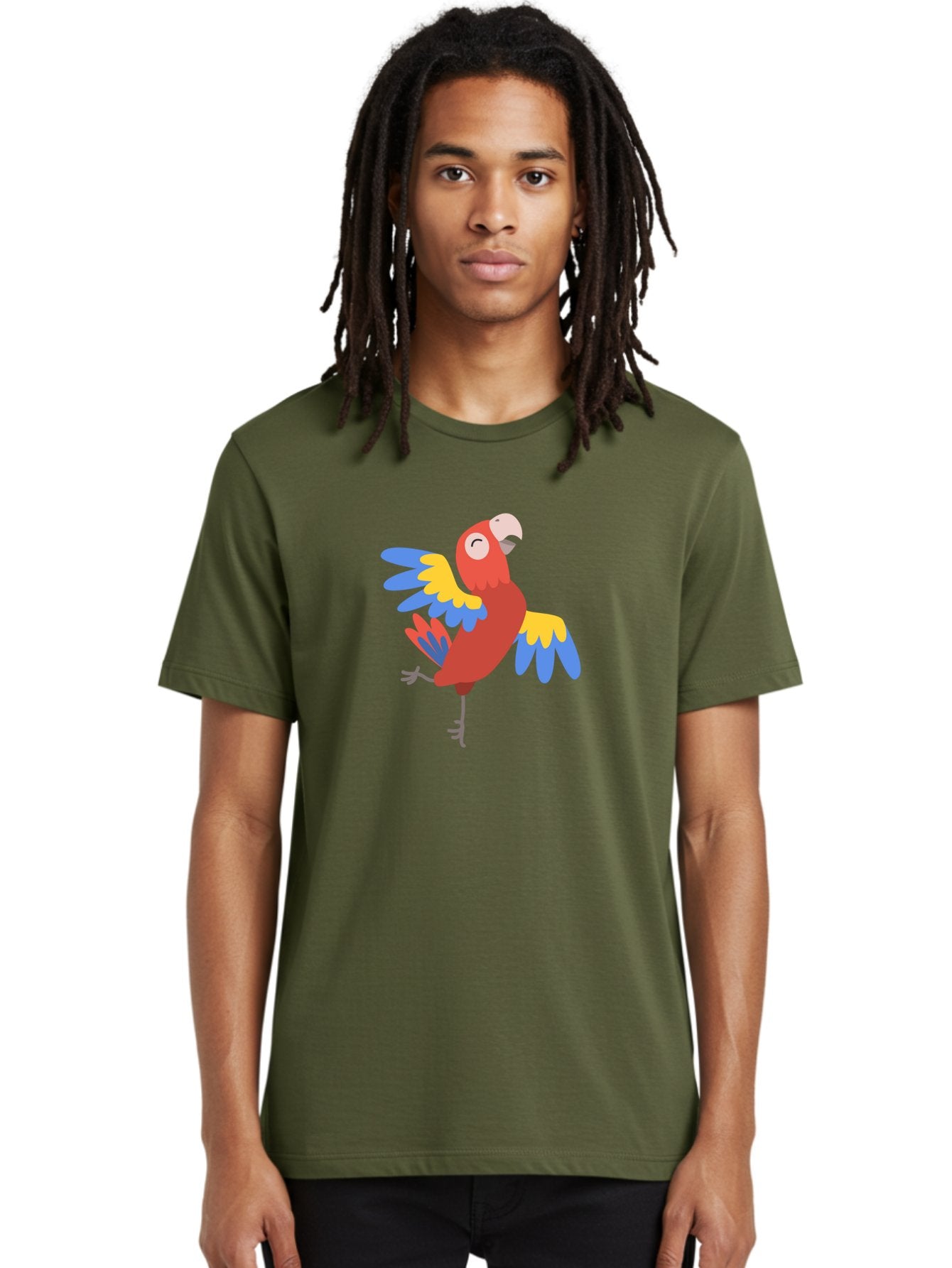 Red-Parrot-1 Men'S Graphic Tee, 100% Cotton, Comfortable Casual Summer Wear, Machine Washable, Vibrant Parrot, Colorful Bird, Tropical Animal, Red Plumage, Blue And Yellow Wings, Cartoon Character, Exotic Bird, Playful Stance, Aab877 19