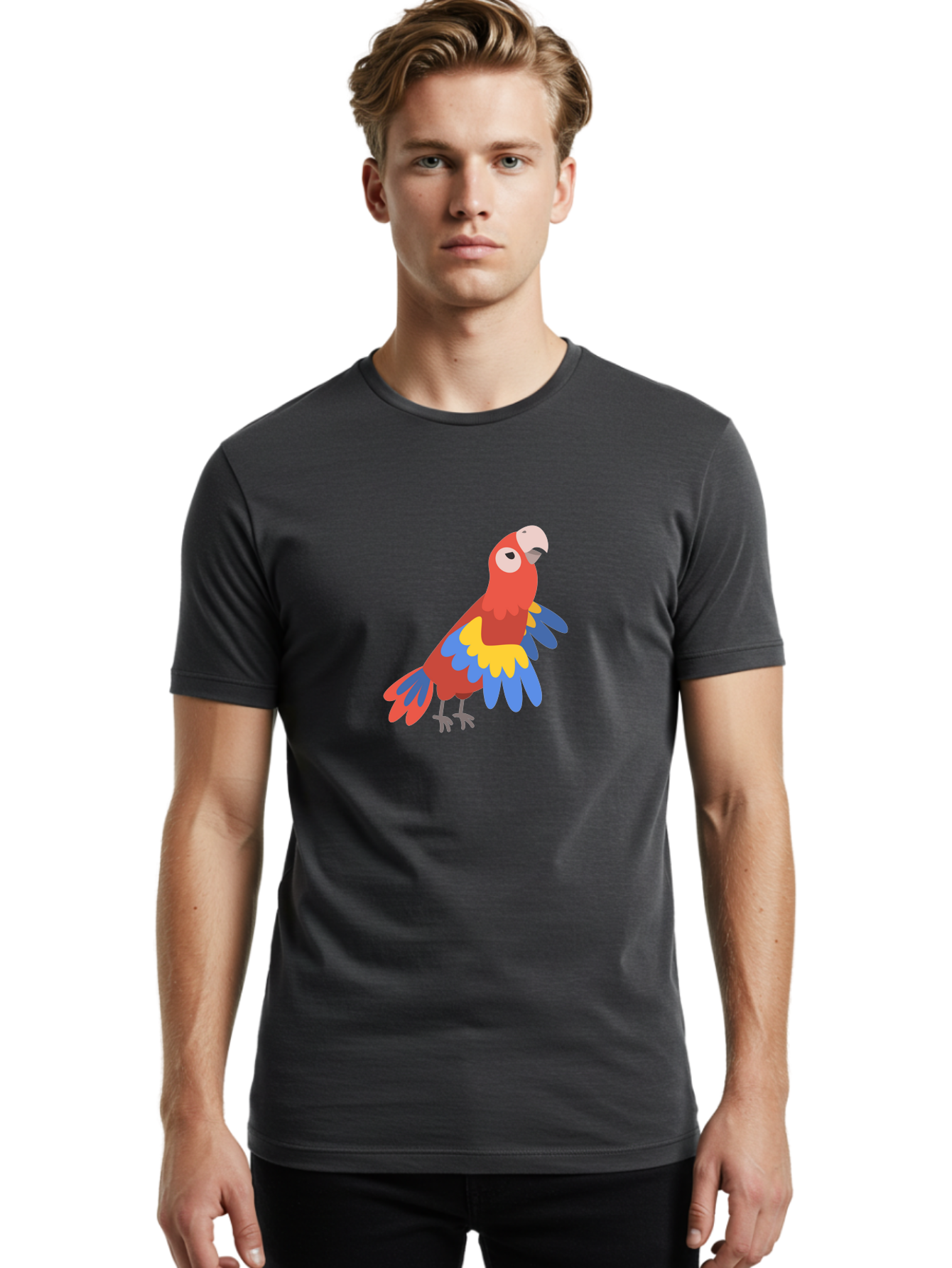Red-Parrot-4 Men'S Graphic Tee, 100% Cotton, Comfortable Casual Summer Wear, Machine Washable, Colorful Parrot, Vibrant Red, Blue And Yellow Feathers, Cartoon Bird, Tropical Wildlife, Exotic Pet, Playful Creature, Fun Illustration Aab880