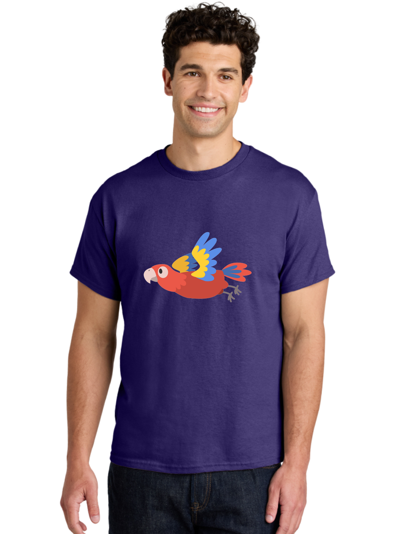 Red-Parrot Men'S Graphic Tee, 100% Cotton, Comfortable Casual Summer Wear, Machine Washable, Colorful Parrot, Vibrant Red, Blue And Yellow Wings, Cartoon Bird, Tropical Bird, Flying Macaw, Parrot In Flight, Exotic Bird, Winged Creature, Aab881