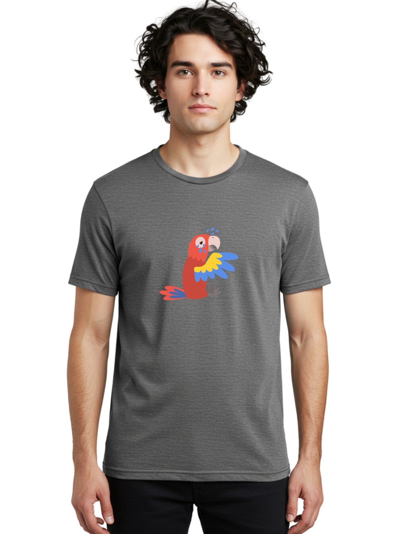 Sad-Parrot Men'S Graphic Tee, 100% Cotton, Comfortable Casual Summer Wear, Machine Washable, Sad Parrot, Cartoon Bird, Emotional Animal, Colorful Plumage, Blue Tears, Vibrant Artwork, Playful Illustration, Distressed Creature Aab882 26