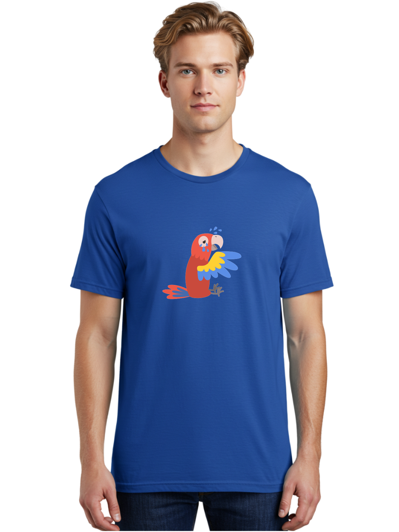 Sad-Parrot Men'S Graphic Tee, 100% Cotton, Comfortable Casual Summer Wear, Machine Washable, Sad Parrot, Cartoon Bird, Emotional Animal, Colorful Plumage, Blue Tears, Vibrant Artwork, Playful Illustration, Distressed Creature Aab882