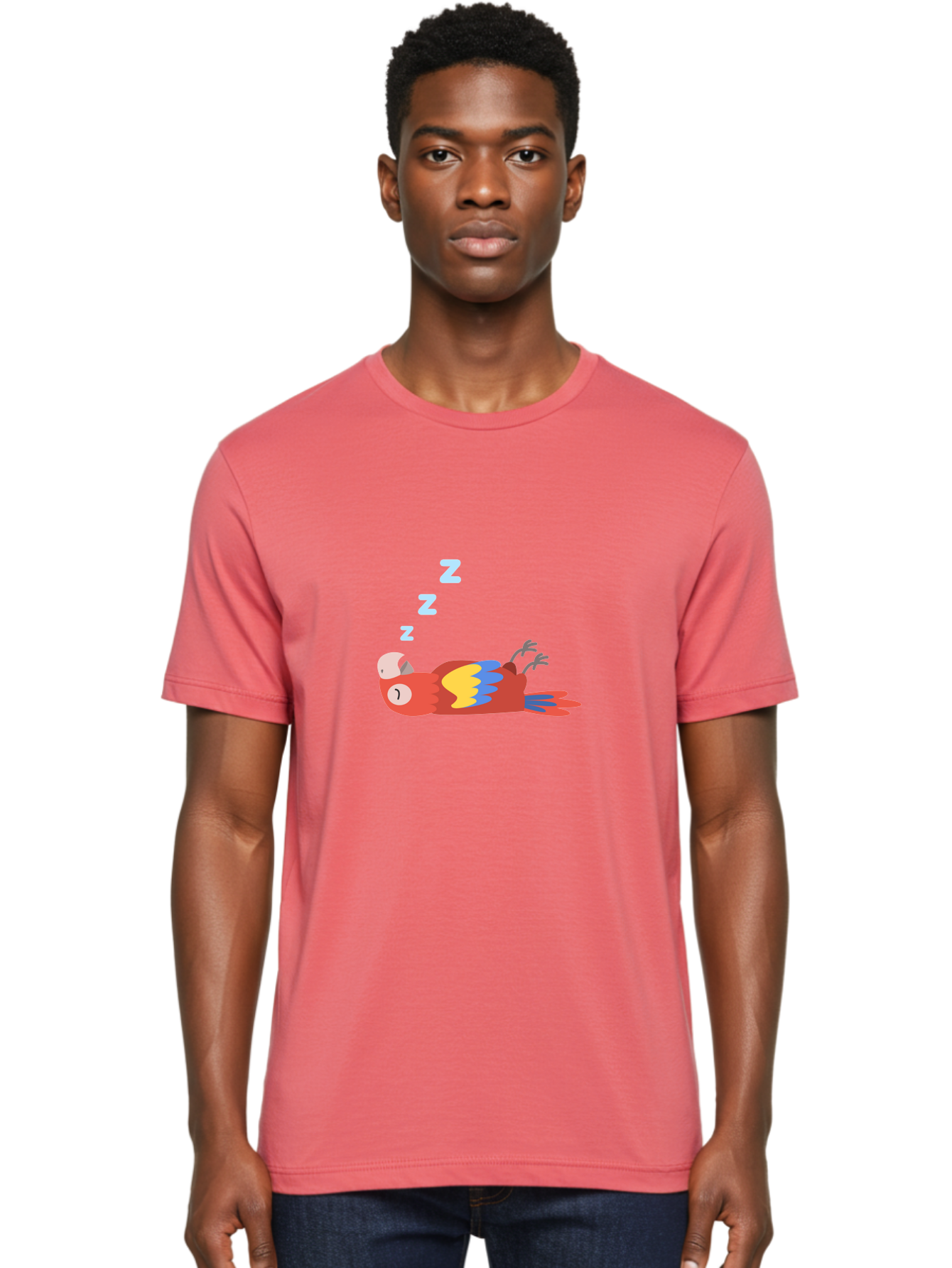 Sleeping-Parrot Men'S Graphic Tee, 100% Cotton, Comfortable Casual Summer Wear, Machine Washable, Sleeping Parrot, Cartoon Parrot, Colorful Bird, Vibrant Feathers, Blue And Yellow Wings, Relaxed Atmosphere, Dreamy Mood, Zzz Symbol Aab890 12