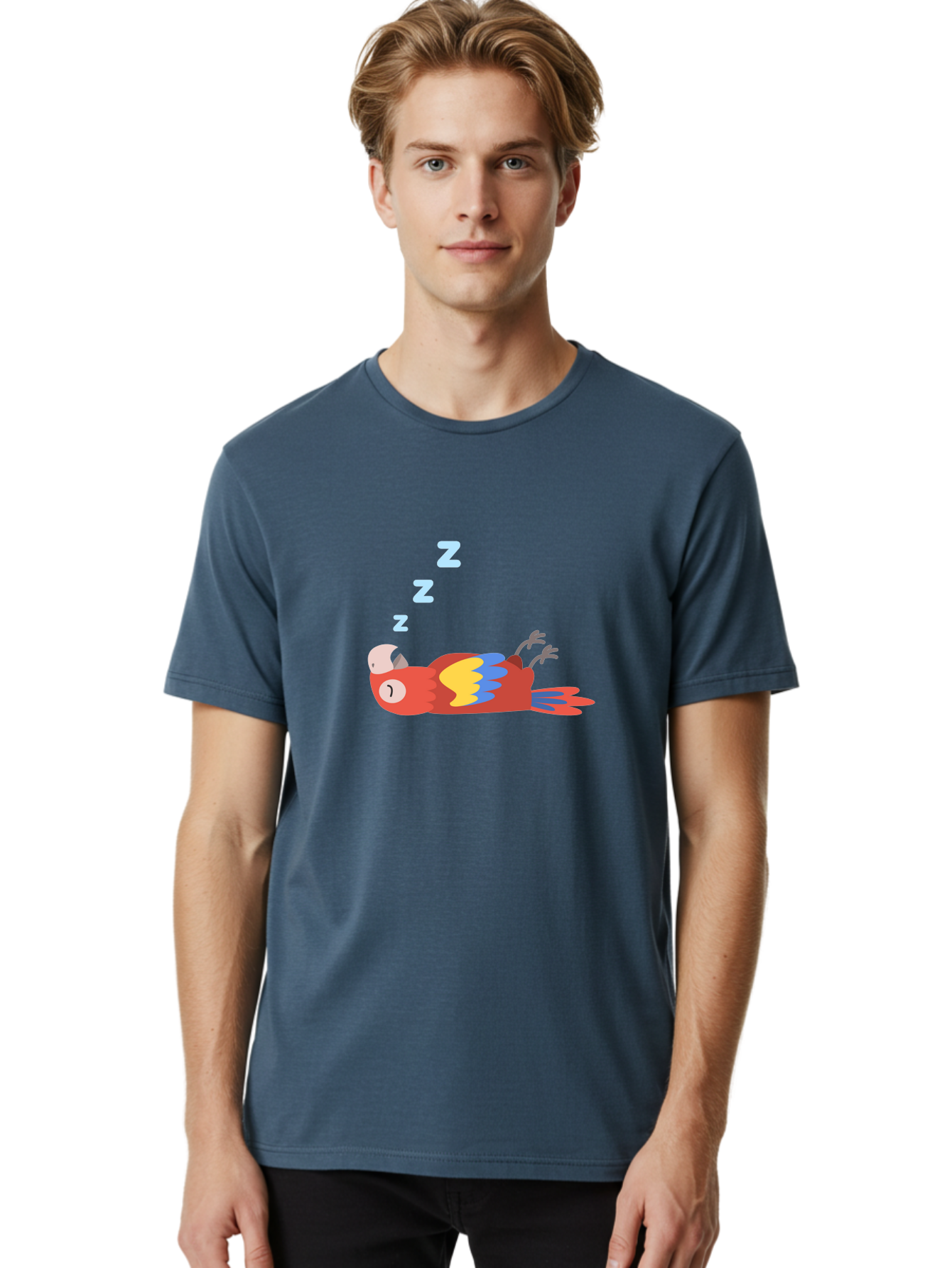 Sleeping-Parrot Men'S Graphic Tee, 100% Cotton, Comfortable Casual Summer Wear, Machine Washable, Sleeping Parrot, Cartoon Parrot, Colorful Bird, Vibrant Feathers, Blue And Yellow Wings, Relaxed Atmosphere, Dreamy Mood, Zzz Symbol Aab890