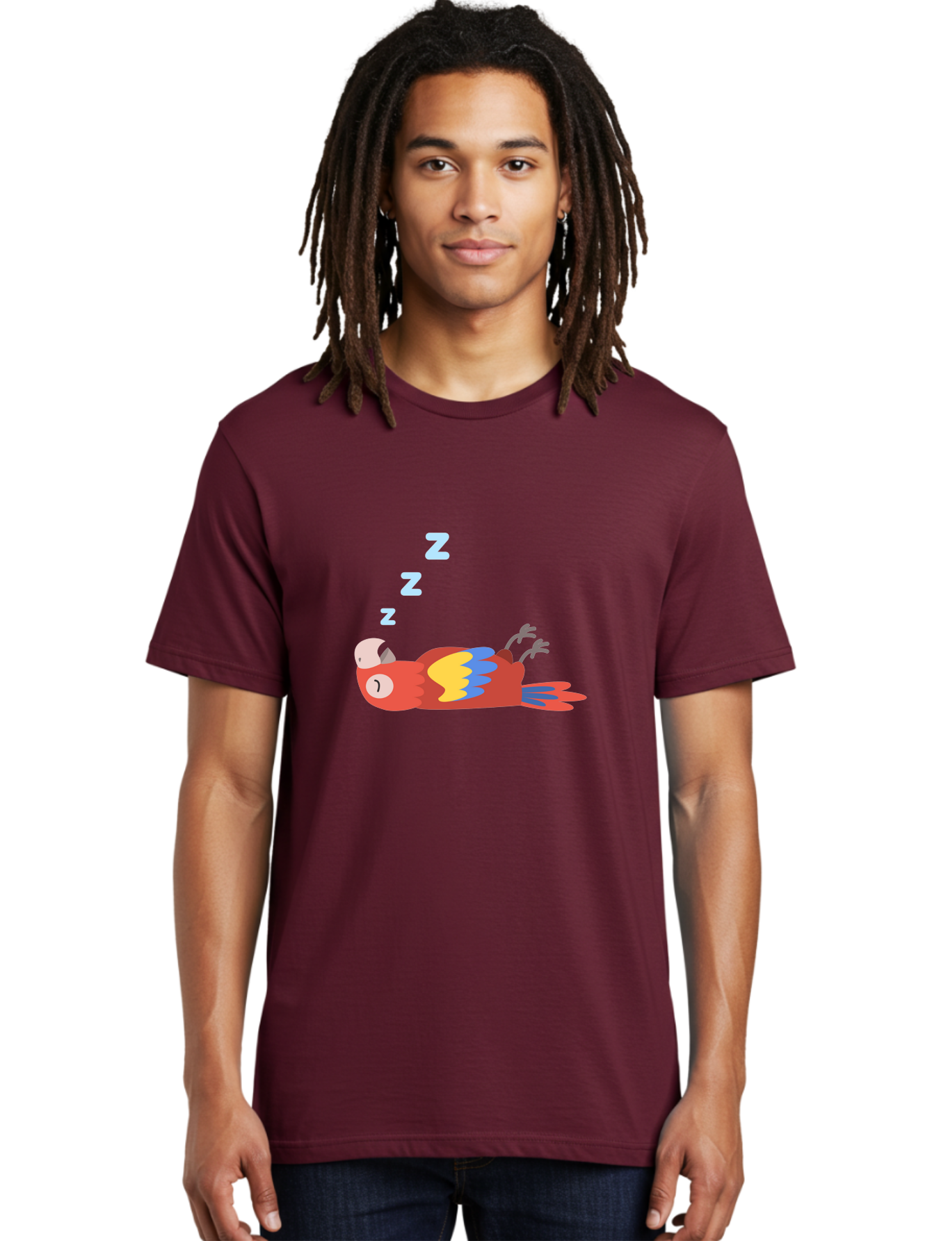 Sleeping-Parrot Men'S Graphic Tee, 100% Cotton, Comfortable Casual Summer Wear, Machine Washable, Sleeping Parrot, Cartoon Parrot, Colorful Bird, Vibrant Feathers, Blue And Yellow Wings, Relaxed Atmosphere, Dreamy Mood, Zzz Symbol Aab890 22