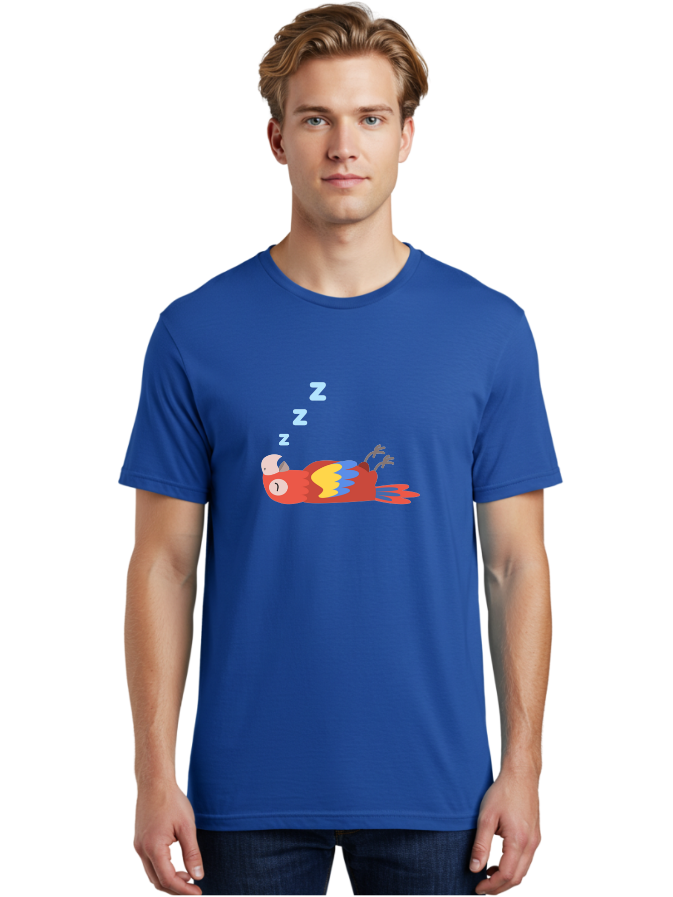Sleeping-Parrot Men'S Graphic Tee, 100% Cotton, Comfortable Casual Summer Wear, Machine Washable, Sleeping Parrot, Cartoon Parrot, Colorful Bird, Vibrant Feathers, Blue And Yellow Wings, Relaxed Atmosphere, Dreamy Mood, Zzz Symbol Aab890 16