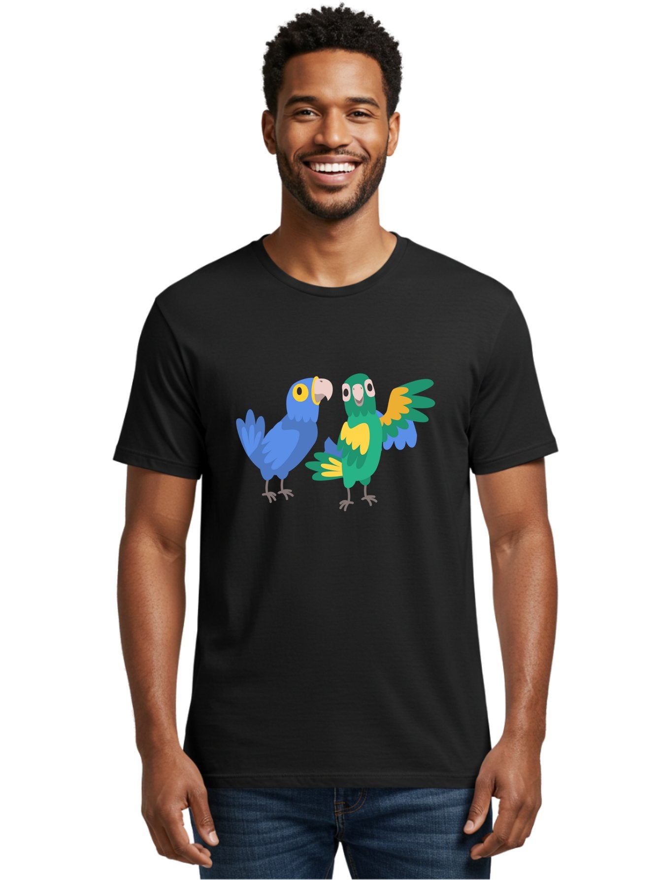 Two-Parrots Men'S Graphic Tee, 100% Cotton, Comfortable Casual Summer Wear, Machine Washable, Cartoon Parrots, Colorful Birds, Vibrant Plumage, Blue Parrot, Green Parrot, Yellow Accents, Playful Birds, Animated Creatures, Parrot Illustration, Aab896 21