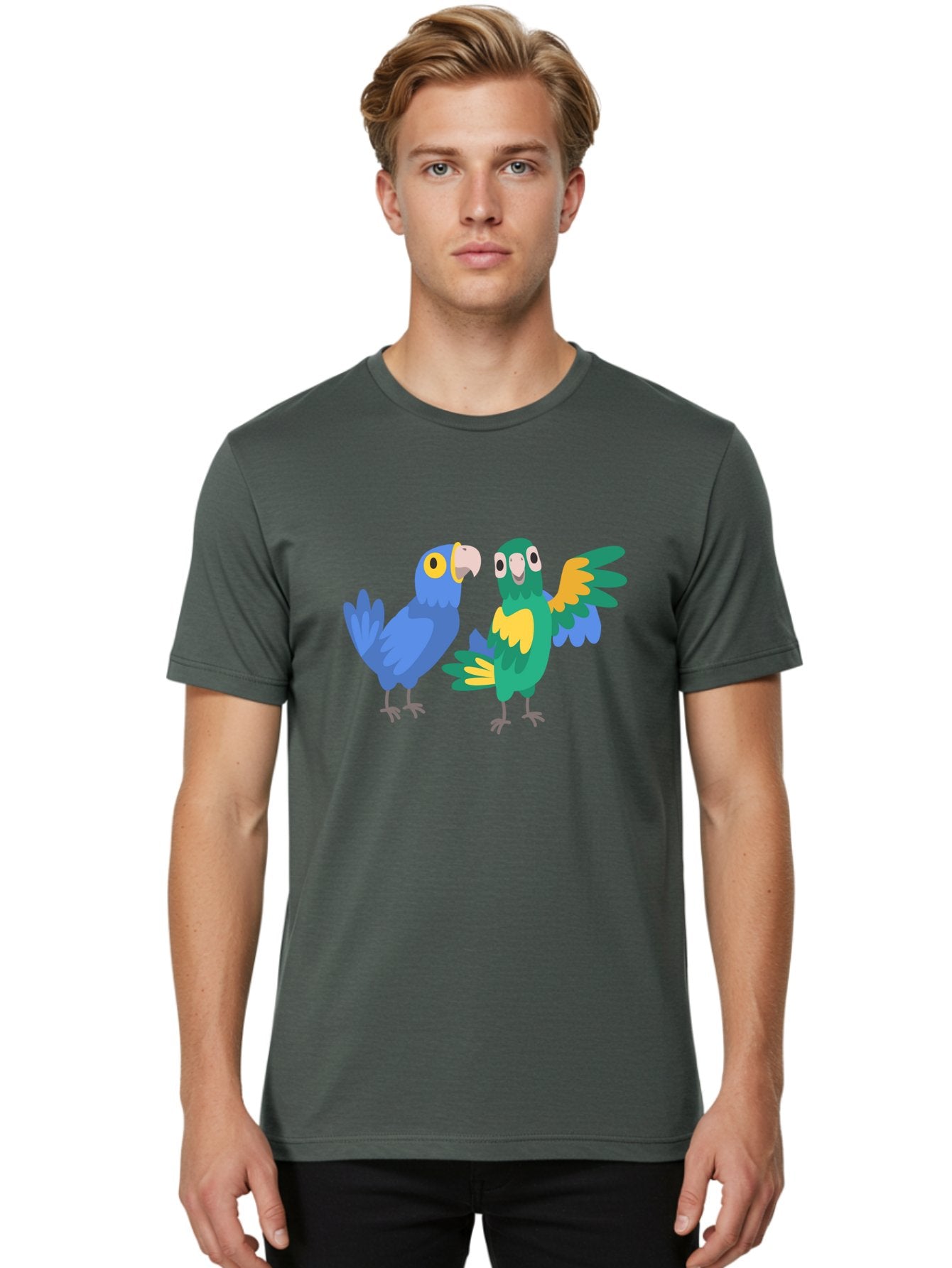 Two-Parrots Men'S Graphic Tee, 100% Cotton, Comfortable Casual Summer Wear, Machine Washable, Cartoon Parrots, Colorful Birds, Vibrant Plumage, Blue Parrot, Green Parrot, Yellow Accents, Playful Birds, Animated Creatures, Parrot Illustration, Aab896 17