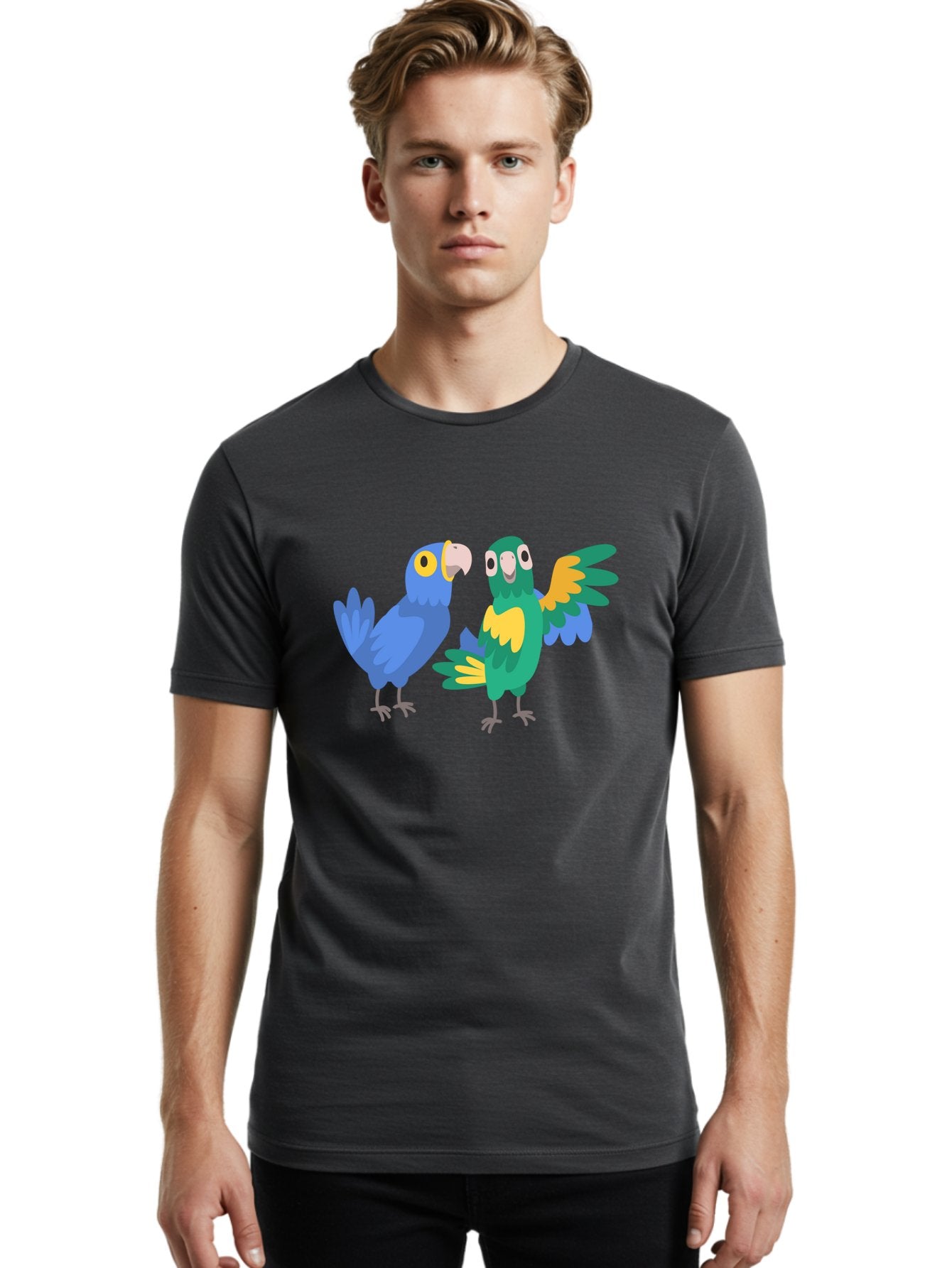 Two-Parrots Men'S Graphic Tee, 100% Cotton, Comfortable Casual Summer Wear, Machine Washable, Cartoon Parrots, Colorful Birds, Vibrant Plumage, Blue Parrot, Green Parrot, Yellow Accents, Playful Birds, Animated Creatures, Parrot Illustration, Aab896 25