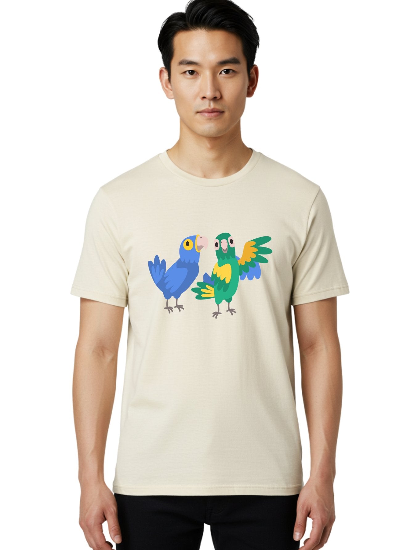 Two-Parrots Men'S Graphic Tee, 100% Cotton, Comfortable Casual Summer Wear, Machine Washable, Cartoon Parrots, Colorful Birds, Vibrant Plumage, Blue Parrot, Green Parrot, Yellow Accents, Playful Birds, Animated Creatures, Parrot Illustration, Aab896 19