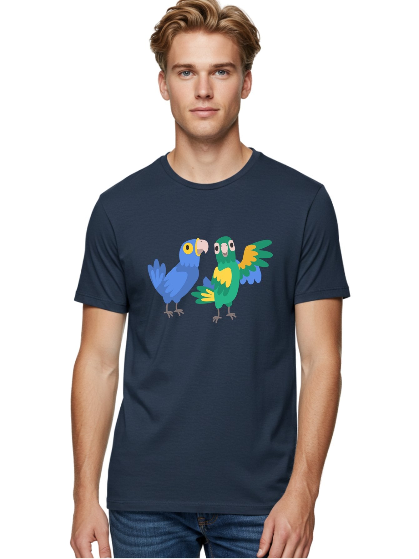 Two-Parrots Men'S Graphic Tee, 100% Cotton, Comfortable Casual Summer Wear, Machine Washable, Cartoon Parrots, Colorful Birds, Vibrant Plumage, Blue Parrot, Green Parrot, Yellow Accents, Playful Birds, Animated Creatures, Parrot Illustration, Aab896 30