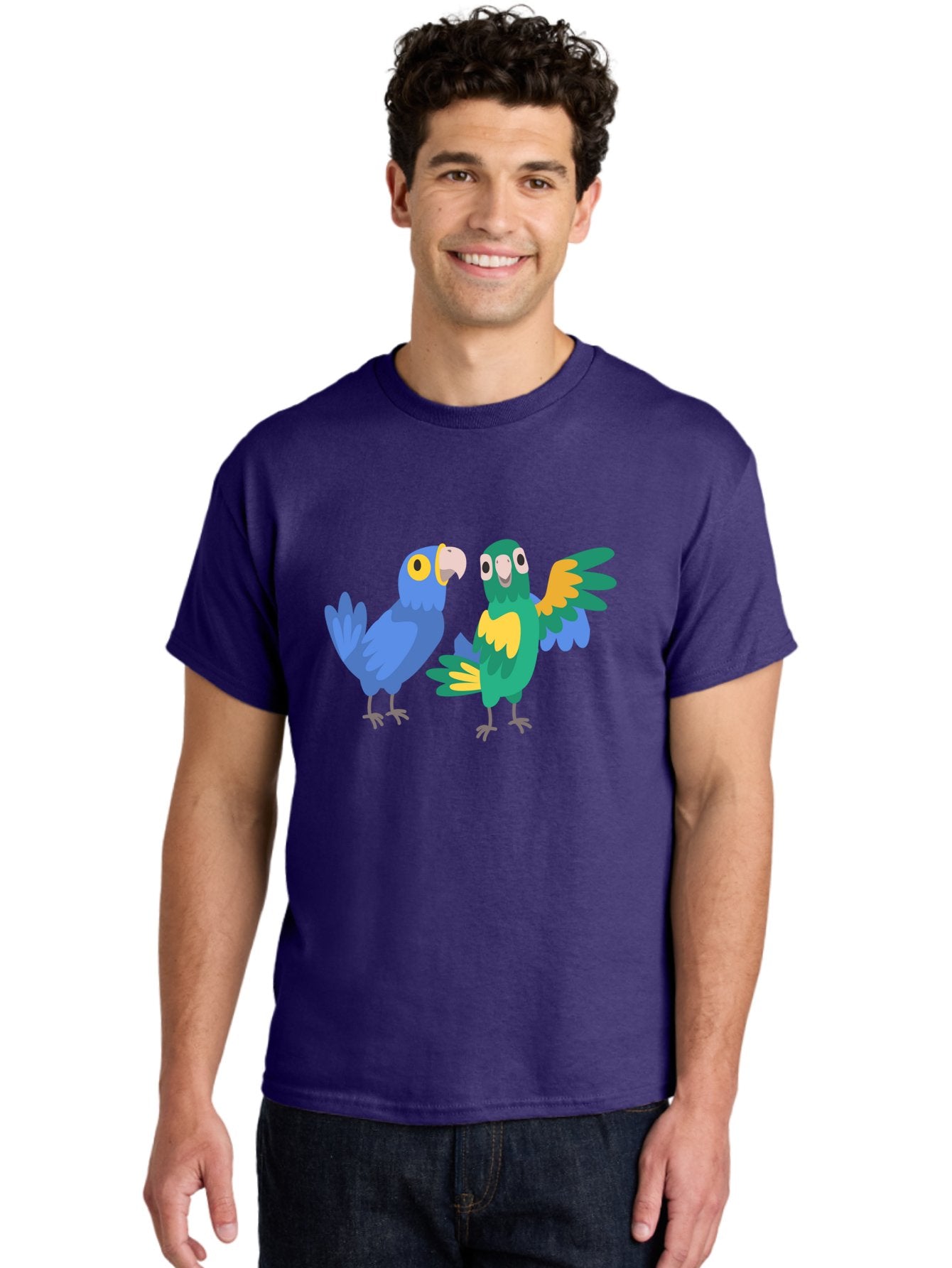 Two-Parrots Men'S Graphic Tee, 100% Cotton, Comfortable Casual Summer Wear, Machine Washable, Cartoon Parrots, Colorful Birds, Vibrant Plumage, Blue Parrot, Green Parrot, Yellow Accents, Playful Birds, Animated Creatures, Parrot Illustration, Aab896 23