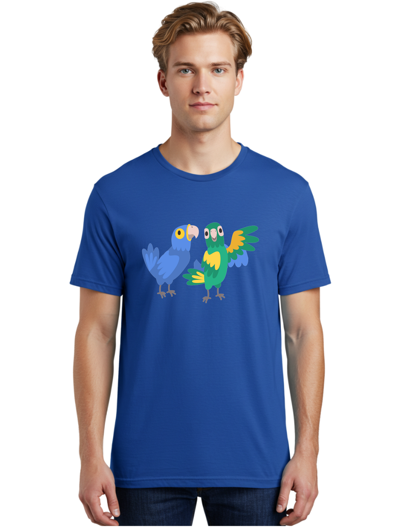 Two-Parrots Men'S Graphic Tee, 100% Cotton, Comfortable Casual Summer Wear, Machine Washable, Cartoon Parrots, Colorful Birds, Vibrant Plumage, Blue Parrot, Green Parrot, Yellow Accents, Playful Birds, Animated Creatures, Parrot Illustration, Aab896 14