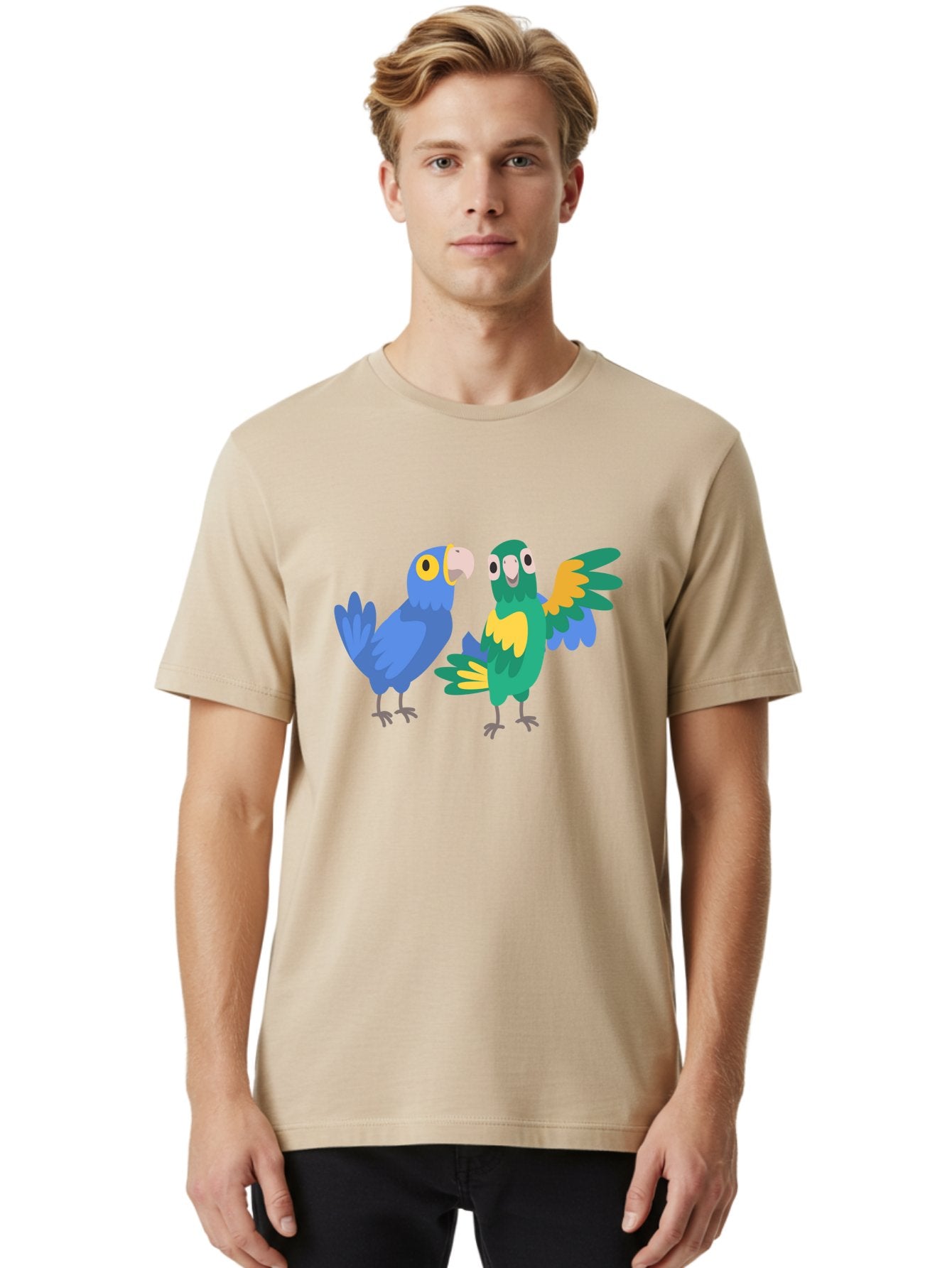 Two-Parrots Men'S Graphic Tee, 100% Cotton, Comfortable Casual Summer Wear, Machine Washable, Cartoon Parrots, Colorful Birds, Vibrant Plumage, Blue Parrot, Green Parrot, Yellow Accents, Playful Birds, Animated Creatures, Parrot Illustration, Aab896 20