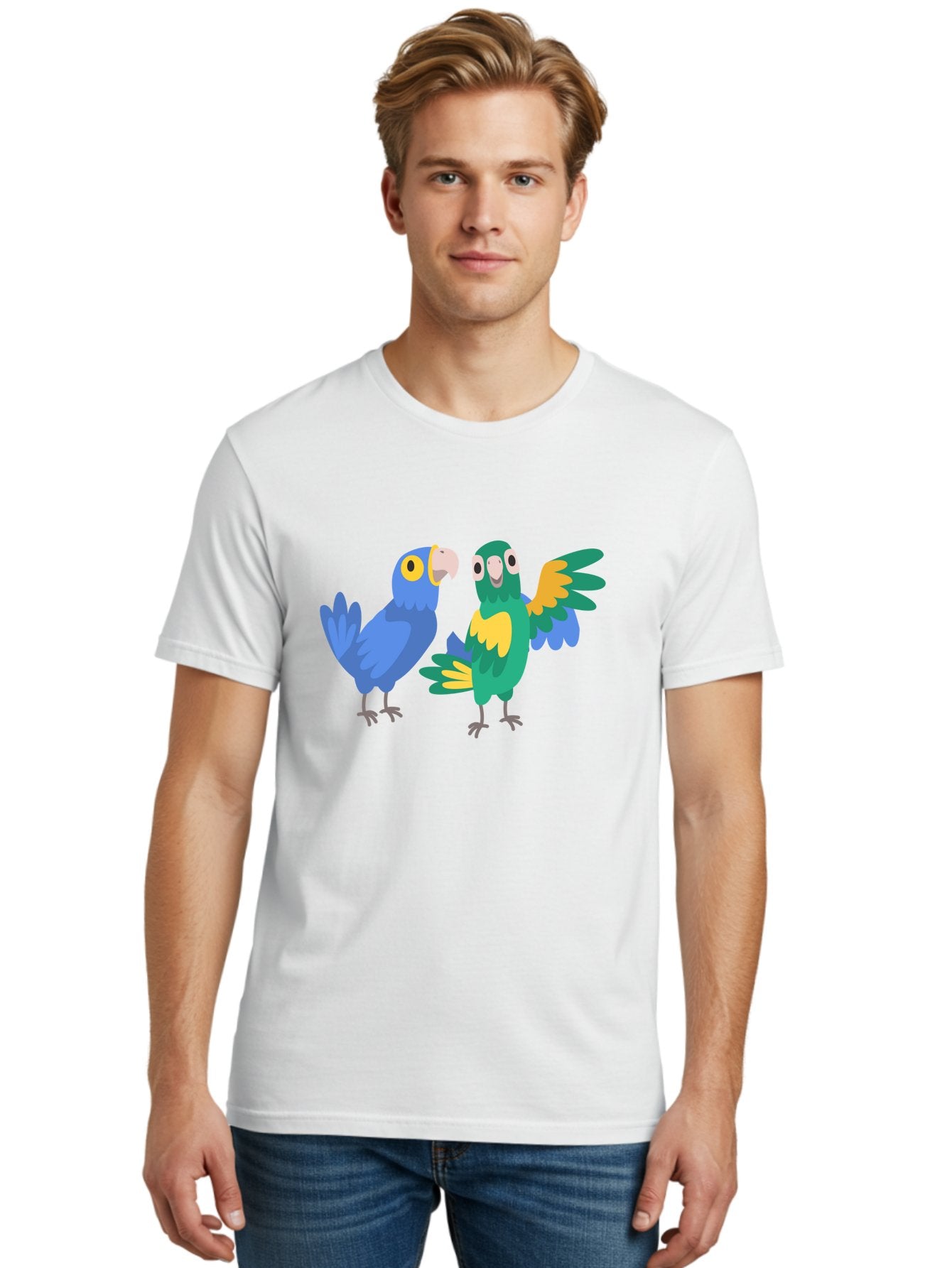 Two-Parrots Men'S Graphic Tee, 100% Cotton, Comfortable Casual Summer Wear, Machine Washable, Cartoon Parrots, Colorful Birds, Vibrant Plumage, Blue Parrot, Green Parrot, Yellow Accents, Playful Birds, Animated Creatures, Parrot Illustration, Aab896 26