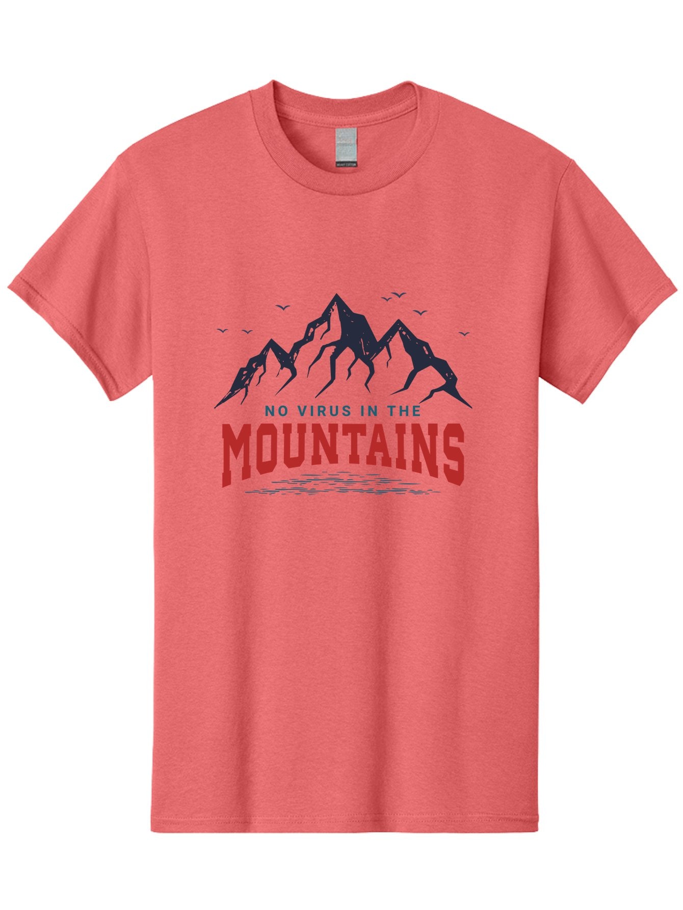 No-Virus-In-The-Mountains Men'S Graphic Tee, 100% Cotton, Comfortable Casual Summer Wear, Machine Washable, Mountain Landscape, Birds Flying, Lake Reflection, Inspiring Quote, Motivational Message, Serene Scenery, Outdoor Adventure, Aab912
