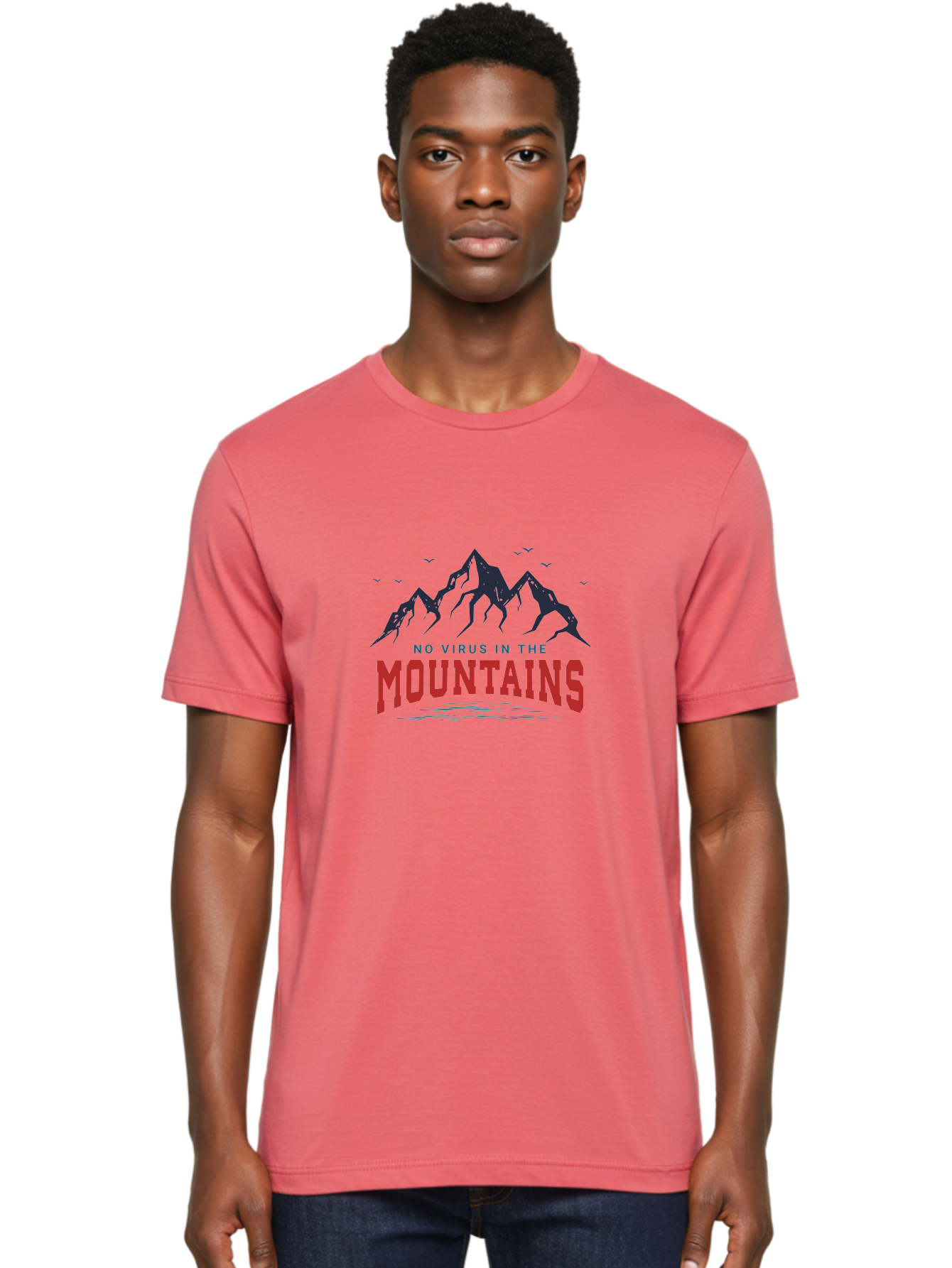 No-Virus-In-The-Mountains Men'S Graphic Tee, 100% Cotton, Comfortable Casual Summer Wear, Machine Washable, Mountain Landscape, Birds Flying, Lake Reflection, Inspiring Quote, Motivational Message, Serene Scenery, Outdoor Adventure, Aab912 22