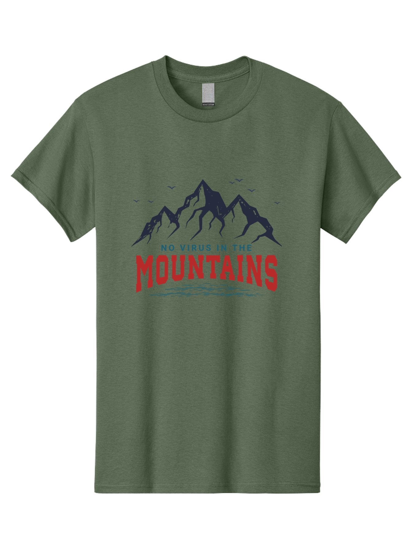 No-Virus-In-The-Mountains Men'S Graphic Tee, 100% Cotton, Comfortable Casual Summer Wear, Machine Washable, Mountain Landscape, Birds Flying, Lake Reflection, Inspiring Quote, Motivational Message, Serene Scenery, Outdoor Adventure, Aab912 5