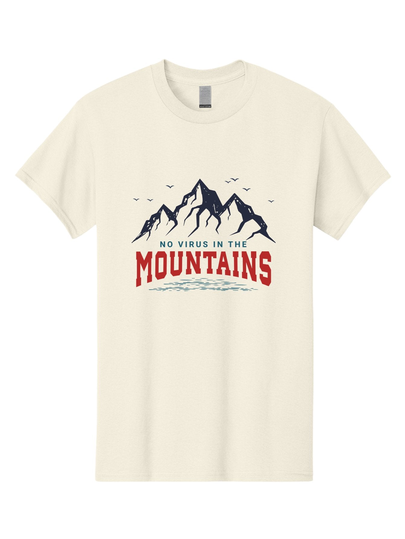 No-Virus-In-The-Mountains Men'S Graphic Tee, 100% Cotton, Comfortable Casual Summer Wear, Machine Washable, Mountain Landscape, Birds Flying, Lake Reflection, Inspiring Quote, Motivational Message, Serene Scenery, Outdoor Adventure, Aab912