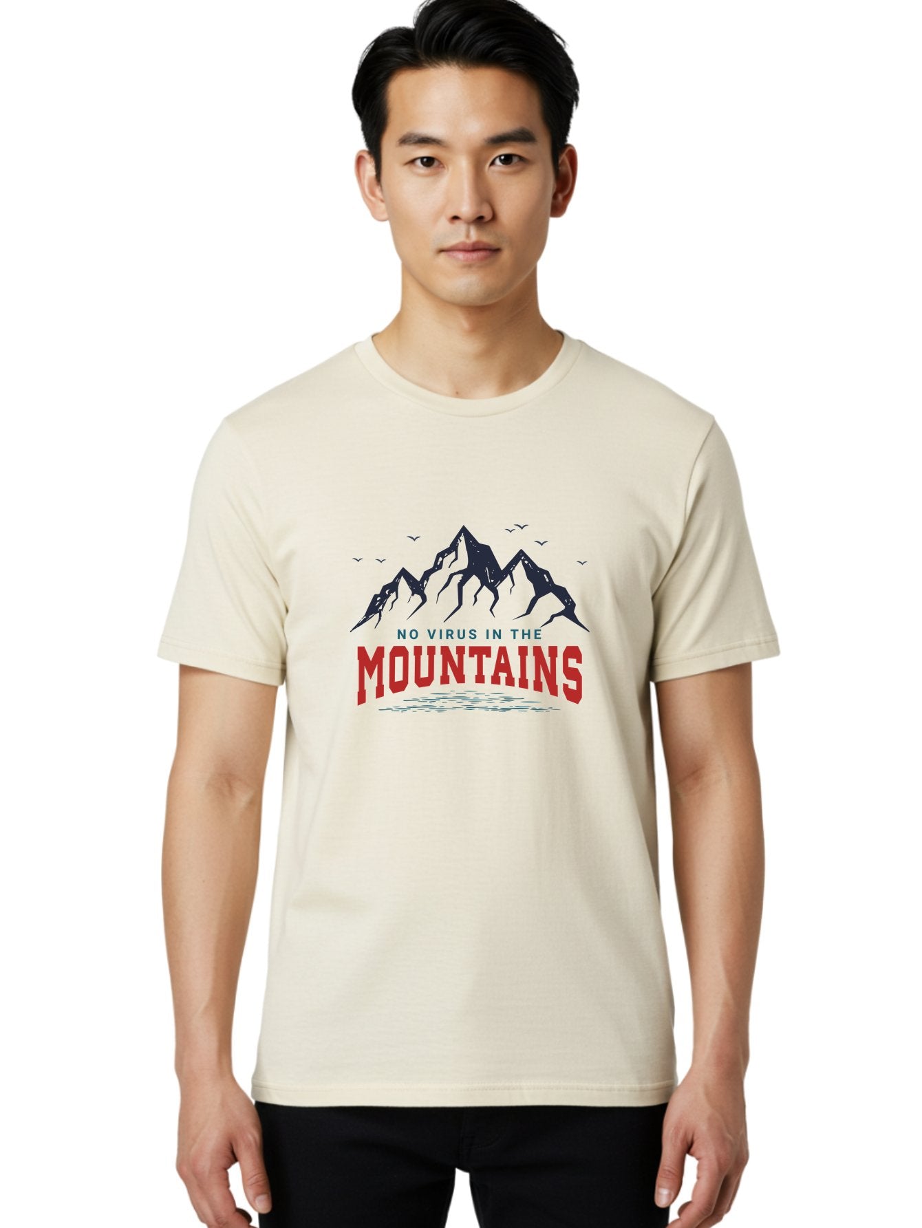No-Virus-In-The-Mountains Men'S Graphic Tee, 100% Cotton, Comfortable Casual Summer Wear, Machine Washable, Mountain Landscape, Birds Flying, Lake Reflection, Inspiring Quote, Motivational Message, Serene Scenery, Outdoor Adventure, Aab912 21