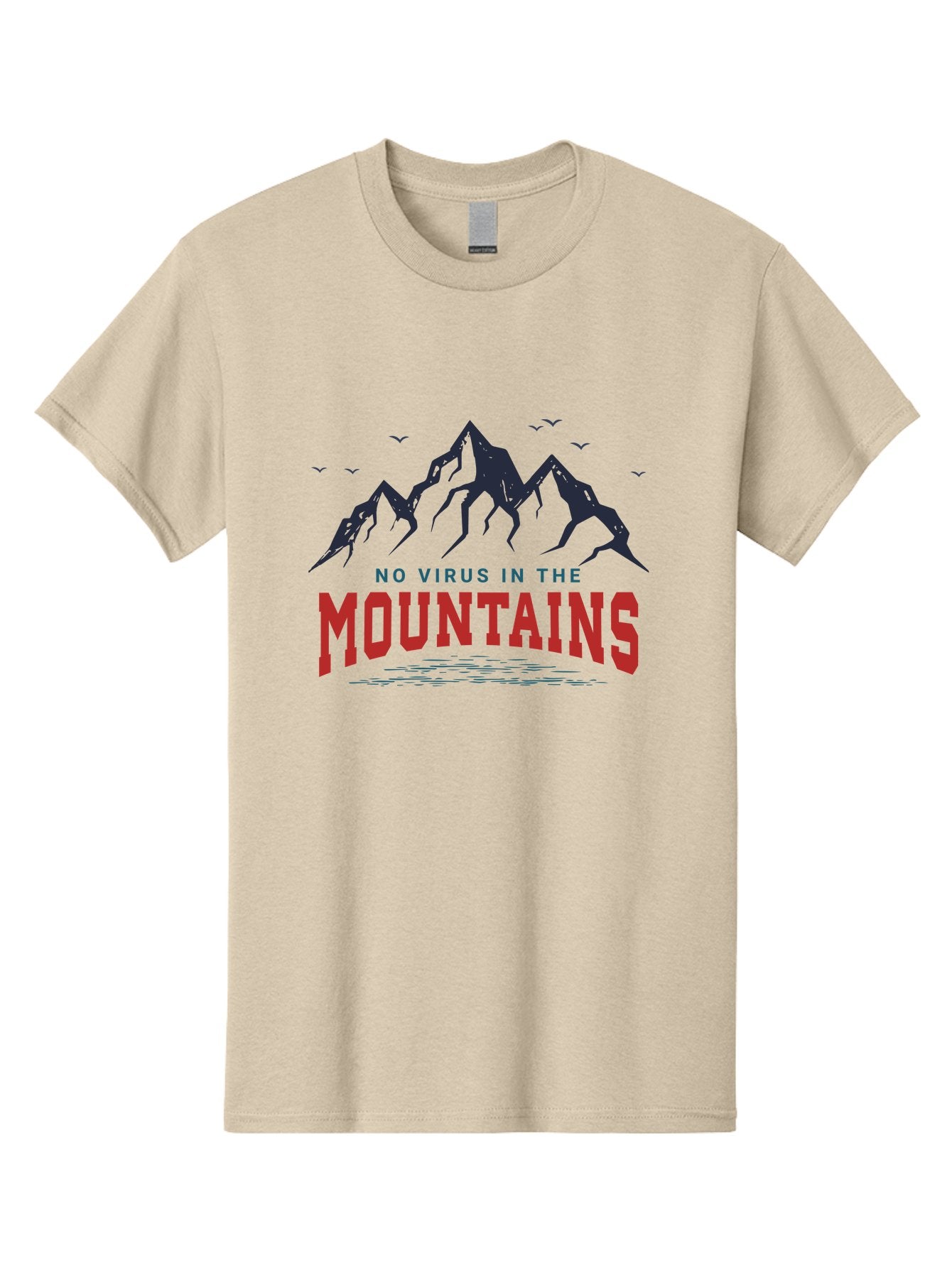 No-Virus-In-The-Mountains Men'S Graphic Tee, 100% Cotton, Comfortable Casual Summer Wear, Machine Washable, Mountain Landscape, Birds Flying, Lake Reflection, Inspiring Quote, Motivational Message, Serene Scenery, Outdoor Adventure, Aab912 9