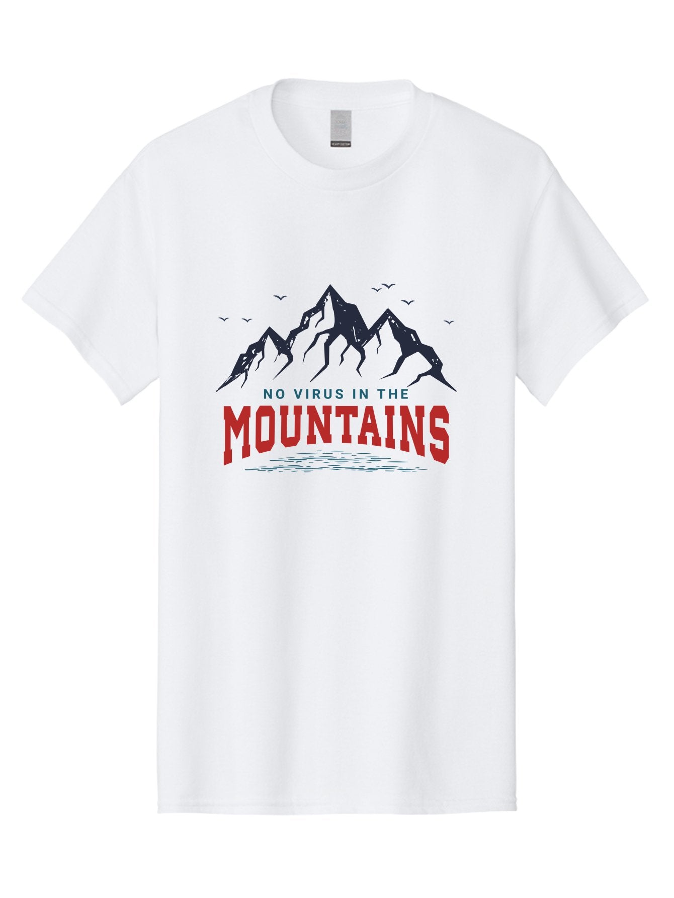 No-Virus-In-The-Mountains Men'S Graphic Tee, 100% Cotton, Comfortable Casual Summer Wear, Machine Washable, Mountain Landscape, Birds Flying, Lake Reflection, Inspiring Quote, Motivational Message, Serene Scenery, Outdoor Adventure, Aab912 12