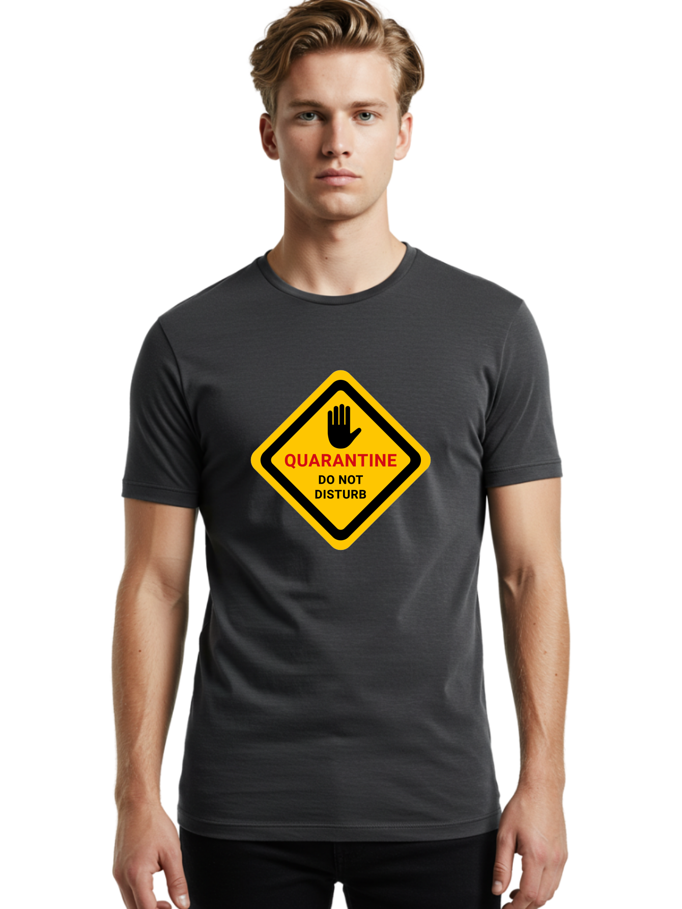 Quarantine-Warning-Sign Men'S Graphic Tee, 100% Cotton, Comfortable Casual Summer Wear, Machine Washable, Quarantine Sign, Warning Sign, Do Not Disturb, Hand Gesture, Caution Sign, Health Alert, Isolation Notice, Pandemic Warning Aab915 8