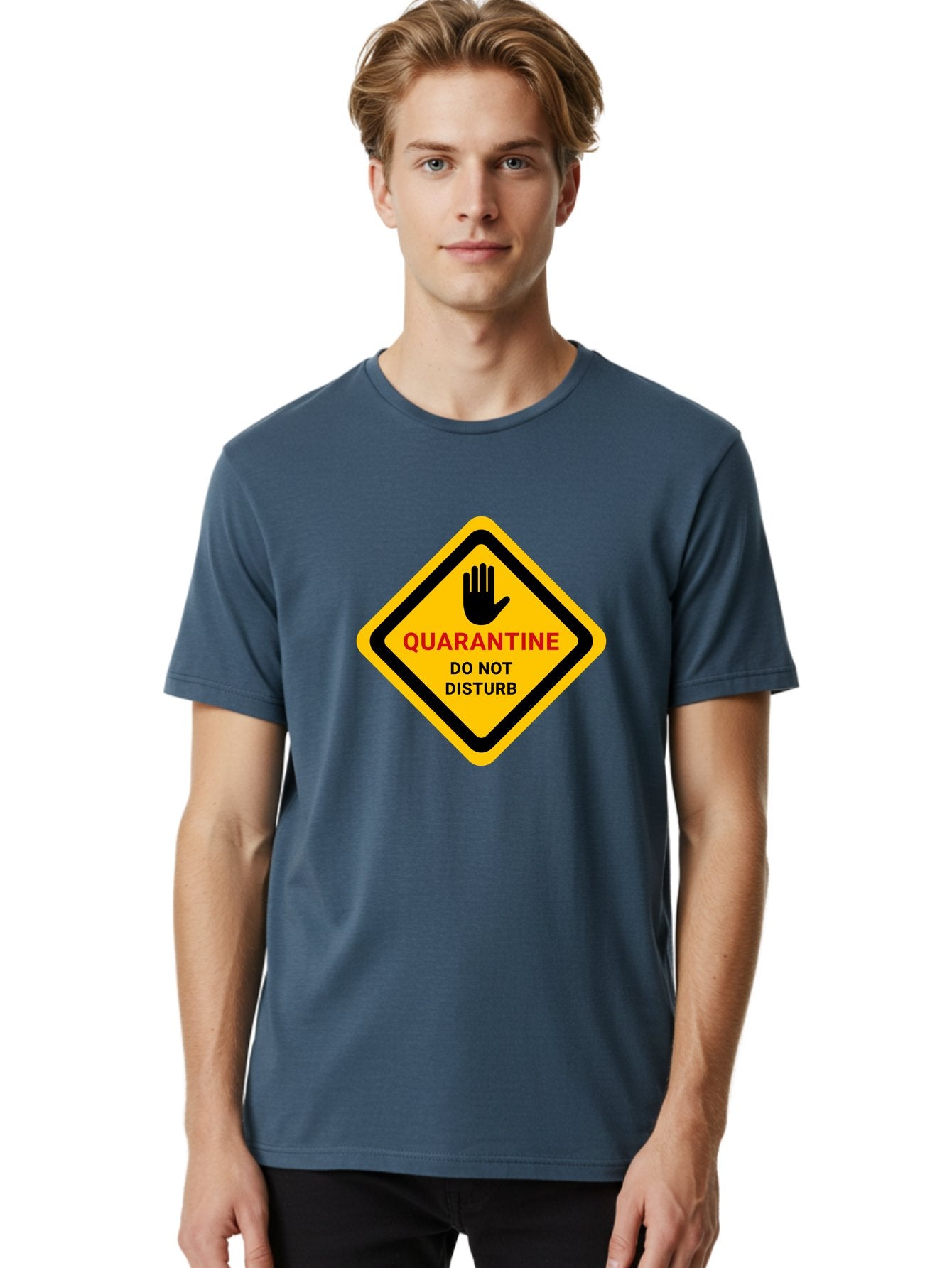 Quarantine-Warning-Sign Men'S Graphic Tee, 100% Cotton, Comfortable Casual Summer Wear, Machine Washable, Quarantine Sign, Warning Sign, Do Not Disturb, Hand Gesture, Caution Sign, Health Alert, Isolation Notice, Pandemic Warning Aab915 22