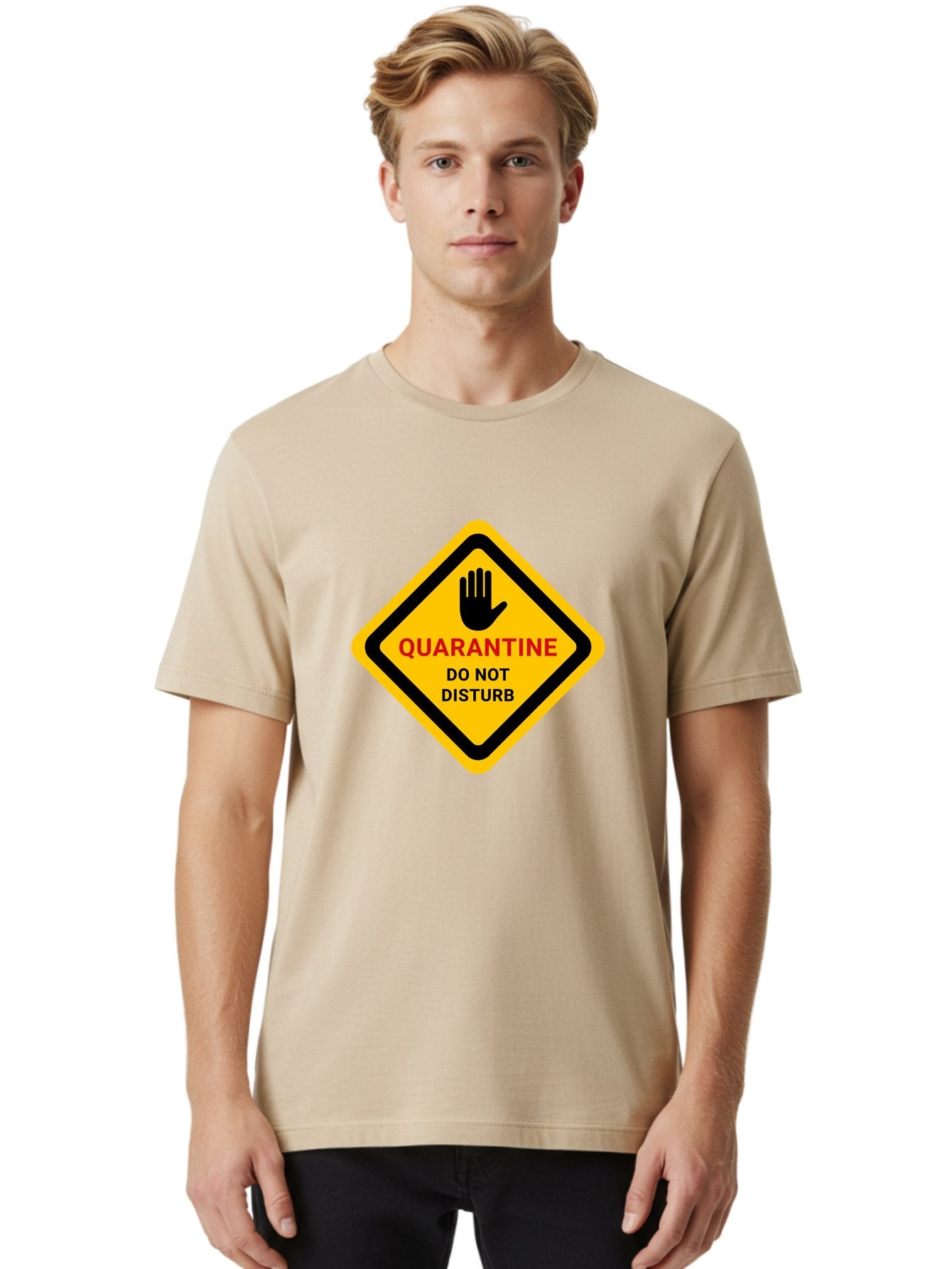 Quarantine-Warning-Sign Men'S Graphic Tee, 100% Cotton, Comfortable Casual Summer Wear, Machine Washable, Quarantine Sign, Warning Sign, Do Not Disturb, Hand Gesture, Caution Sign, Health Alert, Isolation Notice, Pandemic Warning Aab915 24