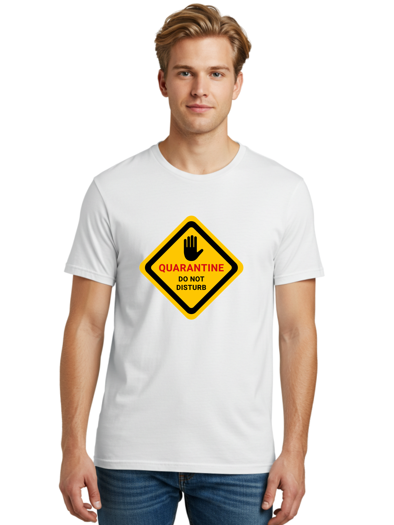 Quarantine-Warning-Sign Men'S Graphic Tee, 100% Cotton, Comfortable Casual Summer Wear, Machine Washable, Quarantine Sign, Warning Sign, Do Not Disturb, Hand Gesture, Caution Sign, Health Alert, Isolation Notice, Pandemic Warning Aab915 6