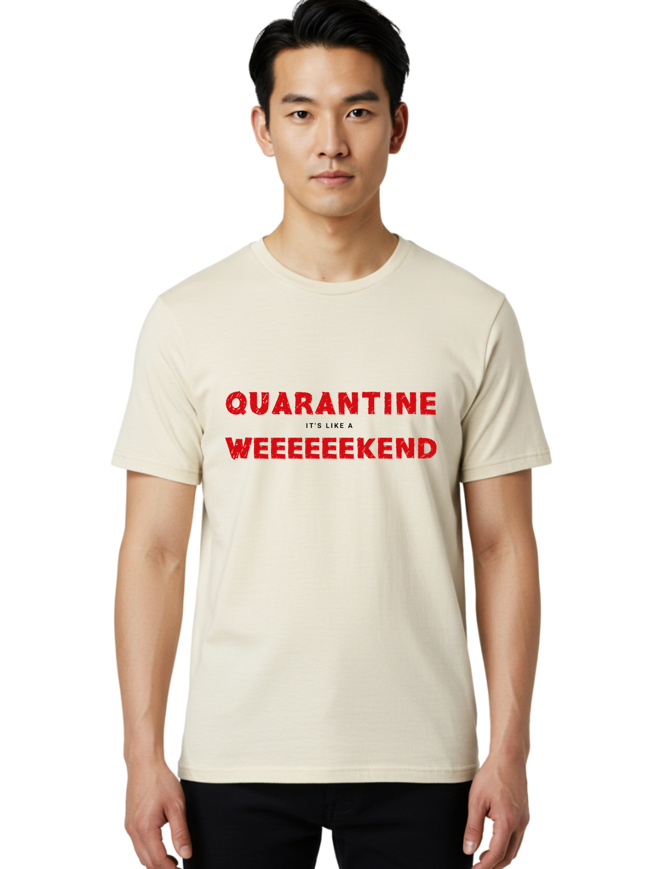 Quarantine-Weekend Men'S Graphic Tee, 100% Cotton, Comfortable Casual Summer Wear, Machine Washable, Quarantine Humor, Funny Quotes, Weekend Vibes, Quirky Designs, Humorous Sayings, Red Text, Weekend Feels Aab916 16