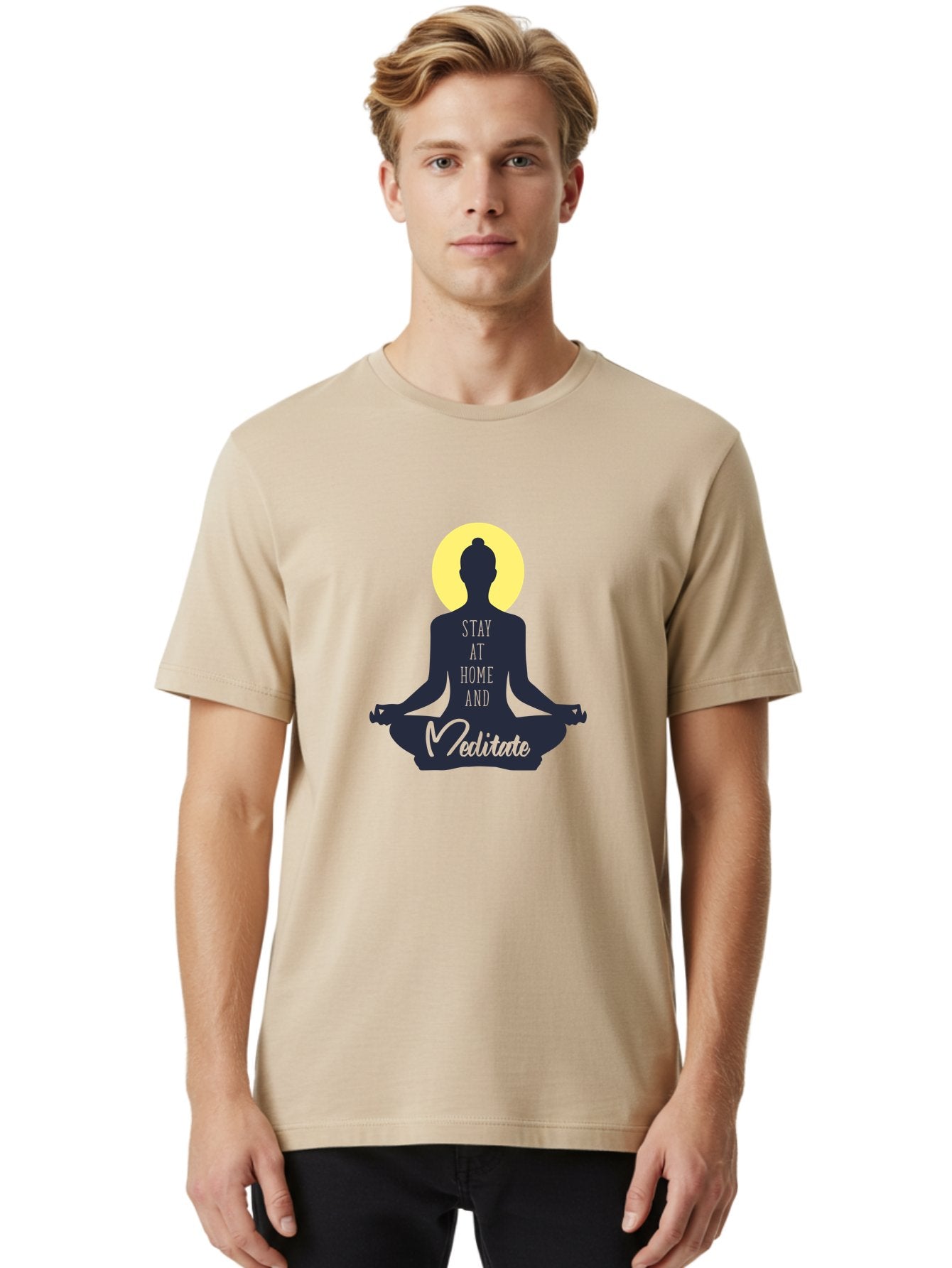 Stay-At-Home-And-Meditate Men'S Graphic Tee, 100% Cotton, Comfortable Casual Summer Wear, Machine Washable, Meditation Practice, Yoga Pose, Mindfulness, Inner Peace, Relaxation, Staying Home, Calm Atmosphere, Lotus Position, Serene Mood, Aab921 26