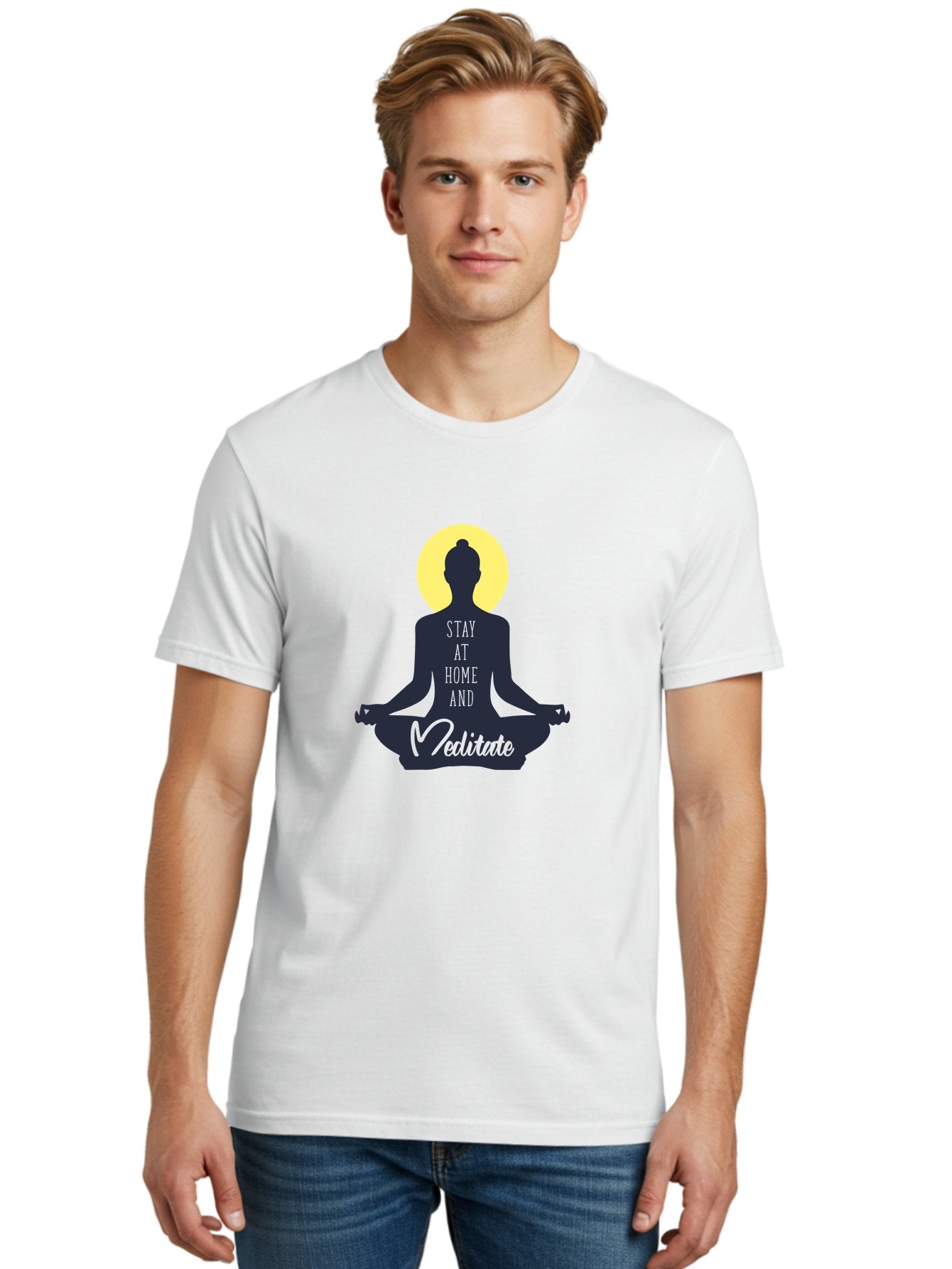 Stay-At-Home-And-Meditate Men'S Graphic Tee, 100% Cotton, Comfortable Casual Summer Wear, Machine Washable, Meditation Practice, Yoga Pose, Mindfulness, Inner Peace, Relaxation, Staying Home, Calm Atmosphere, Lotus Position, Serene Mood, Aab921 17