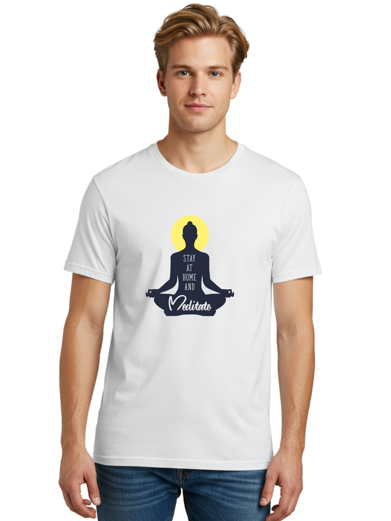 Stay-At-Home-And-Meditate Men'S Graphic Tee, 100% Cotton, Comfortable Casual Summer Wear, Machine Washable, Meditation Practice, Yoga Pose, Mindfulness, Inner Peace, Relaxation, Staying Home, Calm Atmosphere, Lotus Position, Serene Mood, Aab921 28