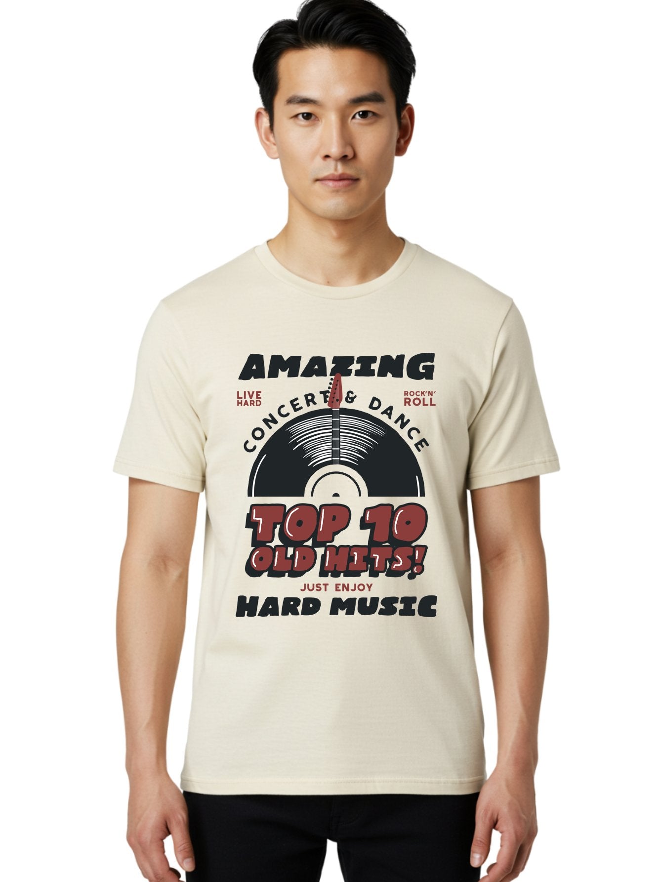 Amazing-Concert-Dance Men'S Graphic Tee, 100% Cotton, Comfortable Casual Summer Wear, Machine Washable, Rock And Roll Concert, Top 10 Old Hits, Live Hard, Hard Music, Vintage Records, Concert And Dance, Just Enjoy Aab928 21