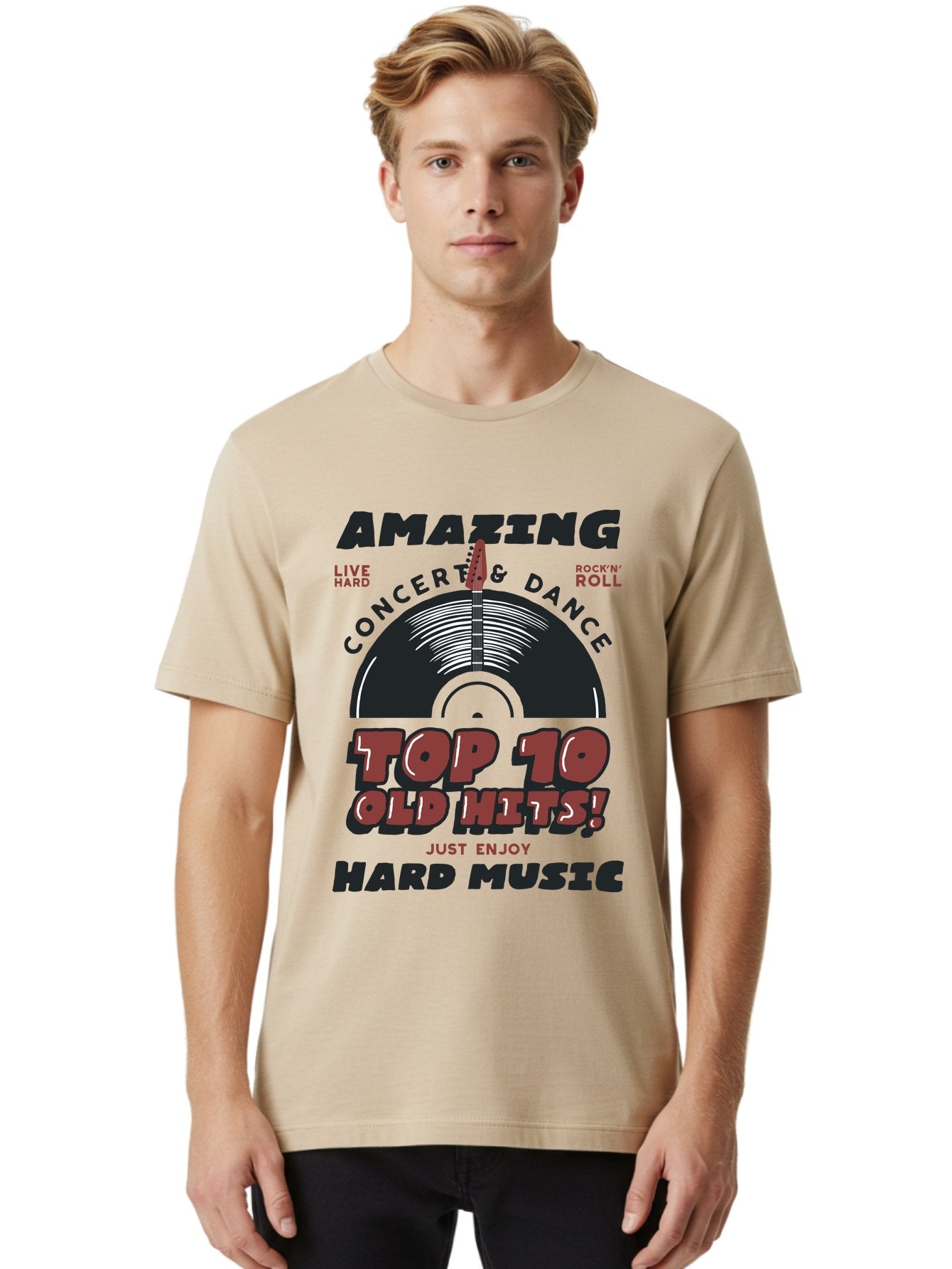 Amazing-Concert-Dance Men'S Graphic Tee, 100% Cotton, Comfortable Casual Summer Wear, Machine Washable, Rock And Roll Concert, Top 10 Old Hits, Live Hard, Hard Music, Vintage Records, Concert And Dance, Just Enjoy Aab928 29