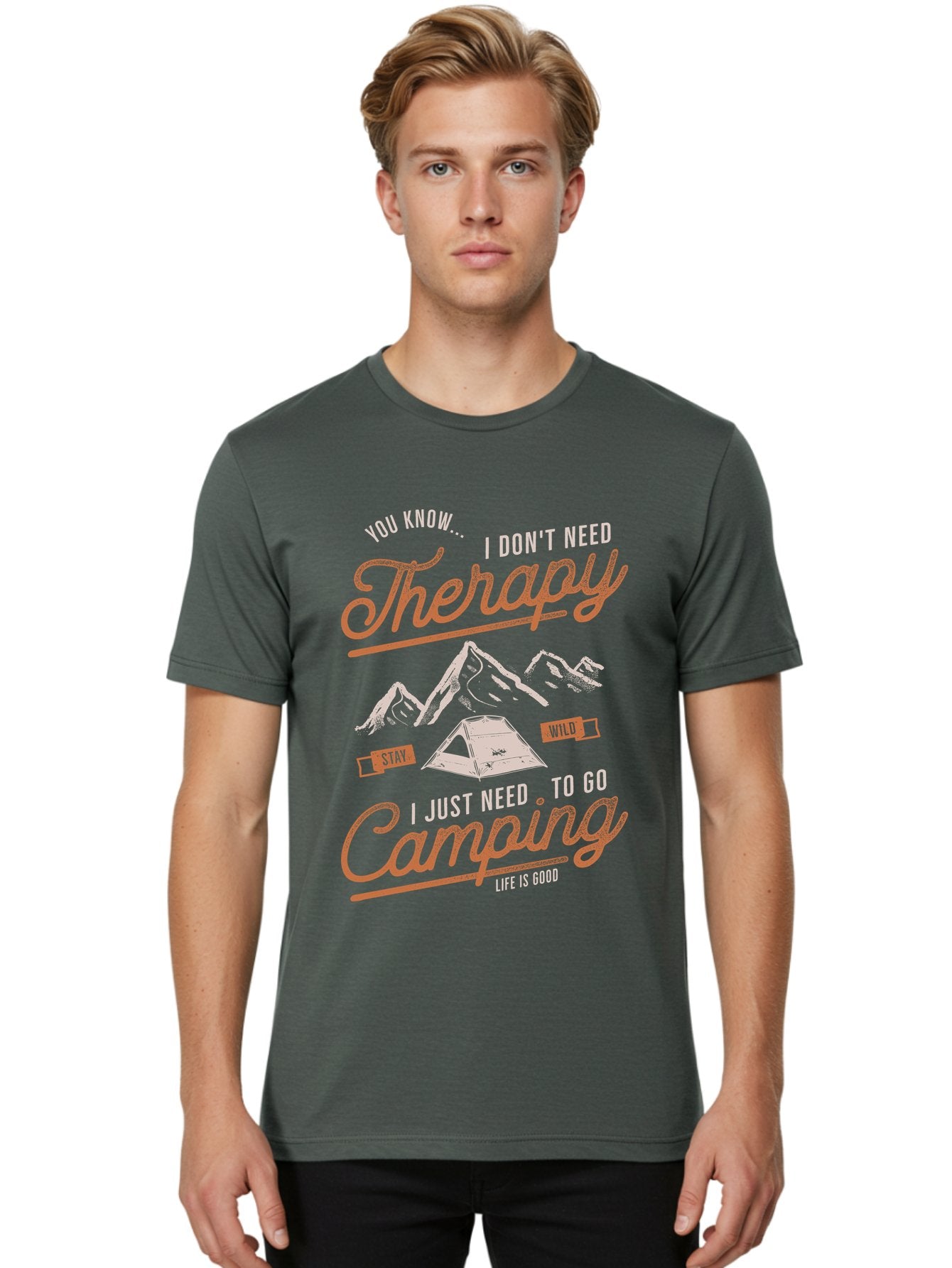 Camping-Therapy-1 Men'S Graphic Tee, 100% Cotton, Comfortable Casual Summer Wear, Machine Washable, Camping Therapy, Outdoor Adventure, Nature Escape, Mountains, Tent, Relaxation, Stress Relief, Wellness, Adventure Seeking, Inspirational Quote Aab930 30