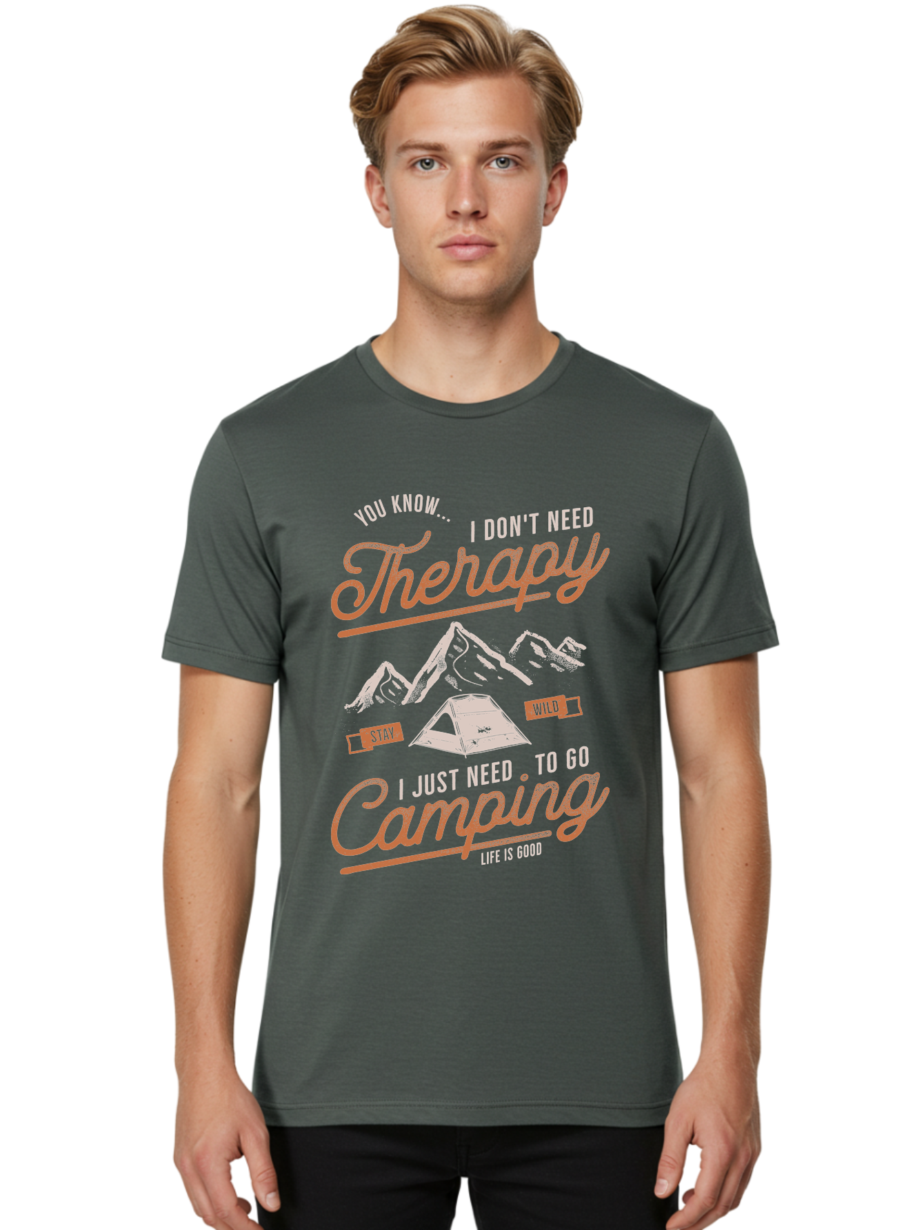Camping-Therapy-1 Men'S Graphic Tee, 100% Cotton, Comfortable Casual Summer Wear, Machine Washable, Camping Therapy, Outdoor Adventure, Nature Escape, Mountains, Tent, Relaxation, Stress Relief, Wellness, Adventure Seeking, Inspirational Quote Aab930