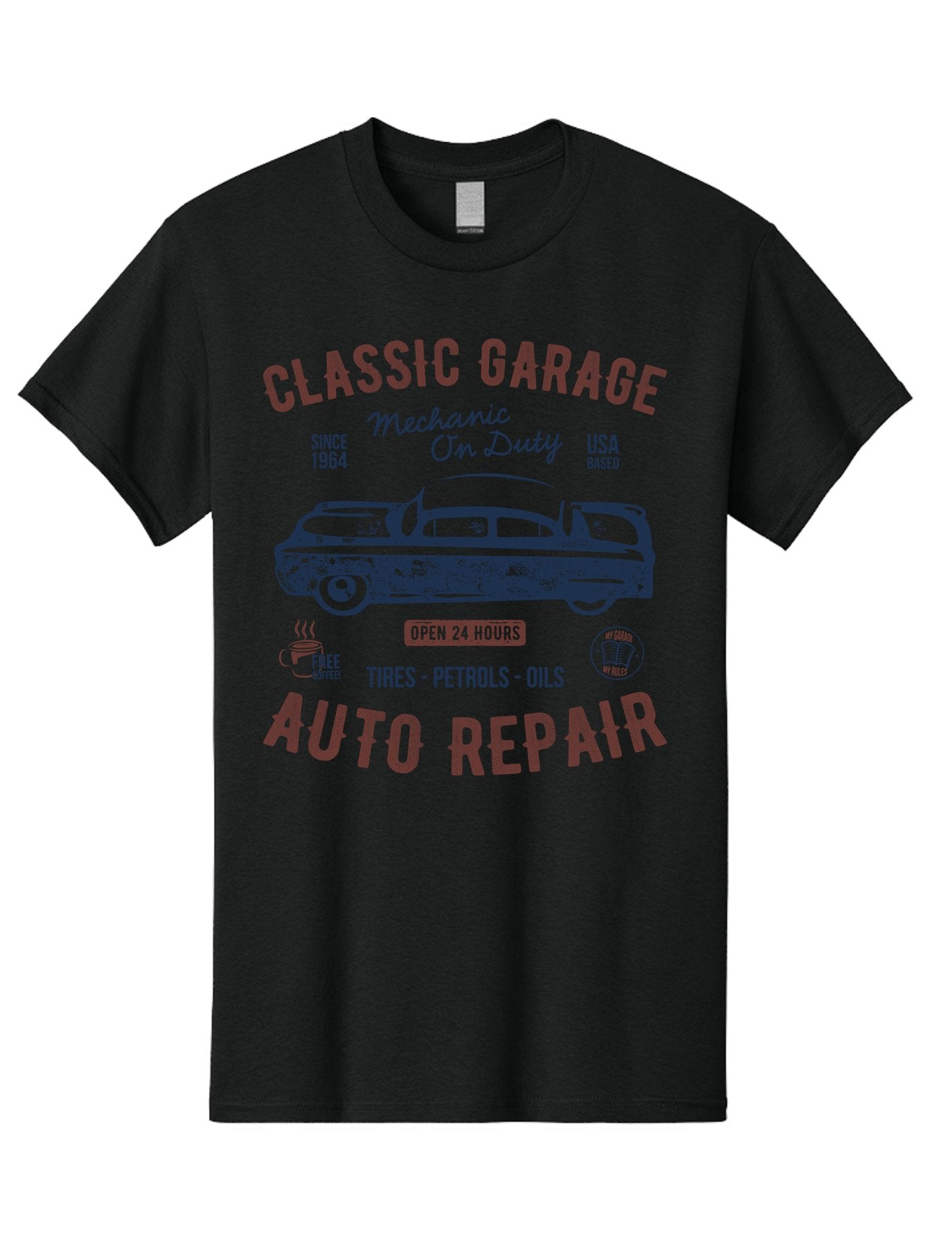 Classic-Garage-Auto-Repair Men'S Graphic Tee, 100% Cotton, Comfortable Casual Summer Wear, Machine Washable, Classic Car, Garage Services, 24-Hour Auto Repair, Mechanic On Duty, Tires, Petrols, Oils, Free Coffee, Usa-Based, Auto Repair Shop, Aab932 10