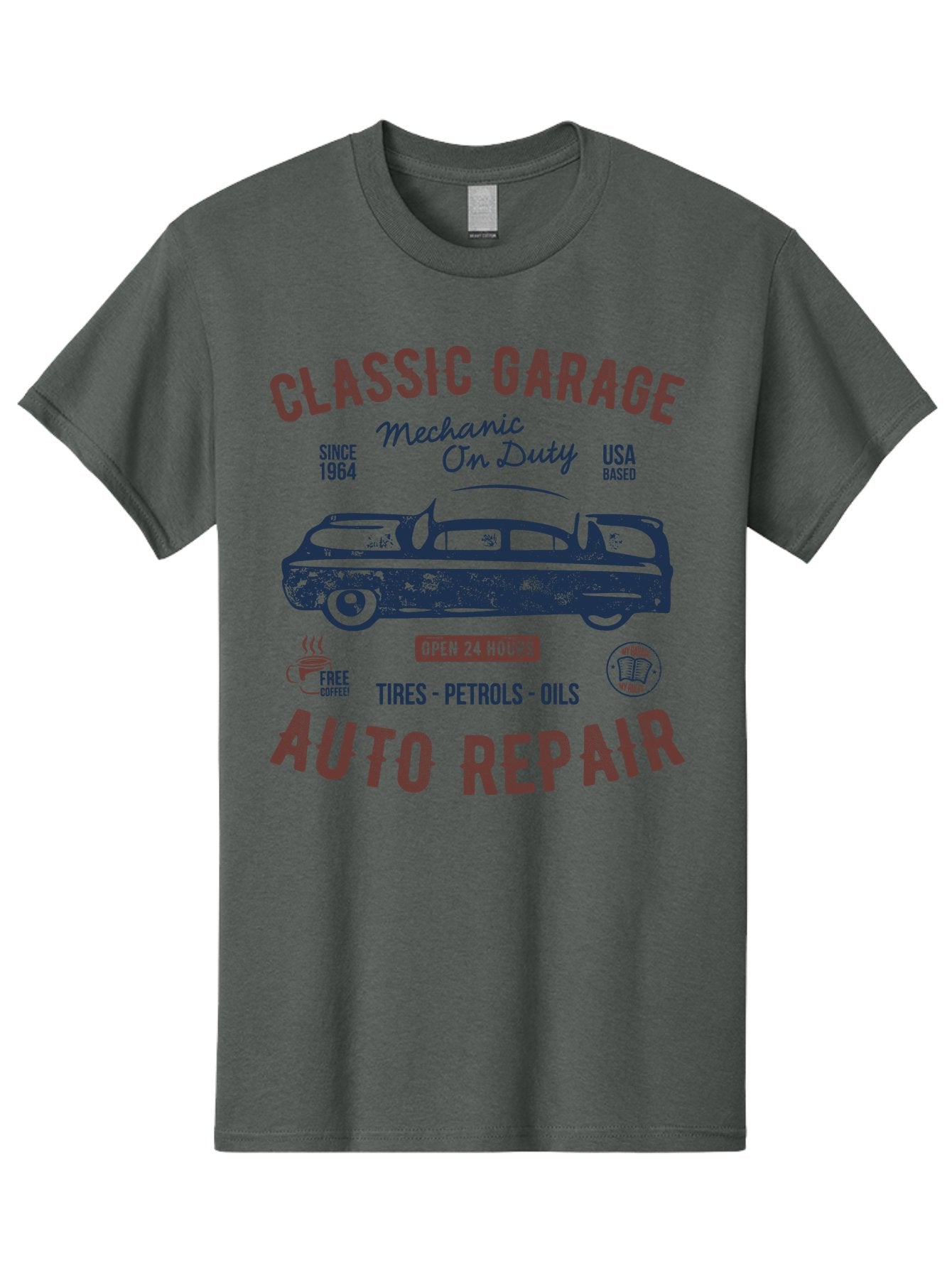 Classic-Garage-Auto-Repair Men'S Graphic Tee, 100% Cotton, Comfortable Casual Summer Wear, Machine Washable, Classic Car, Garage Services, 24-Hour Auto Repair, Mechanic On Duty, Tires, Petrols, Oils, Free Coffee, Usa-Based, Auto Repair Shop, Aab932 5