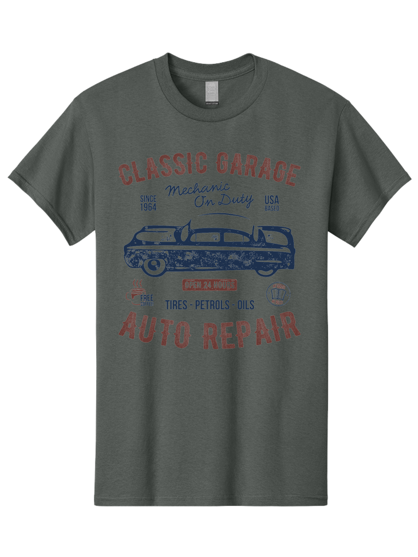 Classic-Garage-Auto-Repair Men'S Graphic Tee, 100% Cotton, Comfortable Casual Summer Wear, Machine Washable, Classic Car, Garage Services, 24-Hour Auto Repair, Mechanic On Duty, Tires, Petrols, Oils, Free Coffee, Usa-Based, Auto Repair Shop, Aab932 15
