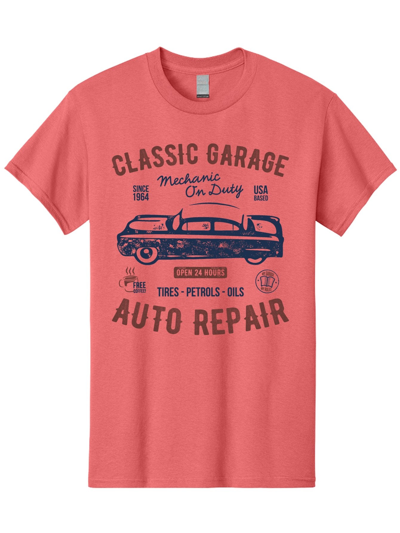 Classic-Garage-Auto-Repair Men'S Graphic Tee, 100% Cotton, Comfortable Casual Summer Wear, Machine Washable, Classic Car, Garage Services, 24-Hour Auto Repair, Mechanic On Duty, Tires, Petrols, Oils, Free Coffee, Usa-Based, Auto Repair Shop, Aab932 8