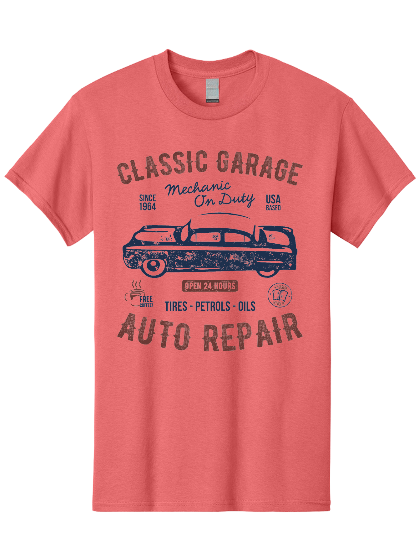 Classic-Garage-Auto-Repair Men'S Graphic Tee, 100% Cotton, Comfortable Casual Summer Wear, Machine Washable, Classic Car, Garage Services, 24-Hour Auto Repair, Mechanic On Duty, Tires, Petrols, Oils, Free Coffee, Usa-Based, Auto Repair Shop, Aab932 11