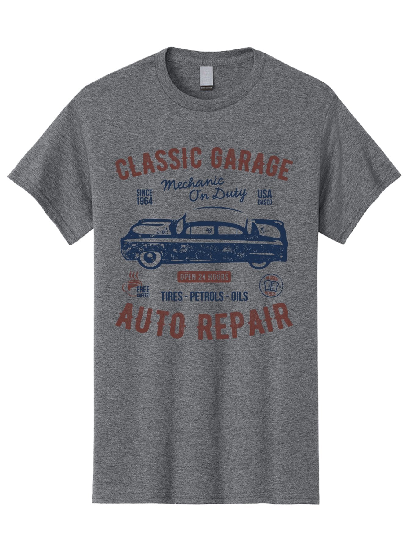 Classic-Garage-Auto-Repair Men'S Graphic Tee, 100% Cotton, Comfortable Casual Summer Wear, Machine Washable, Classic Car, Garage Services, 24-Hour Auto Repair, Mechanic On Duty, Tires, Petrols, Oils, Free Coffee, Usa-Based, Auto Repair Shop, Aab932 6