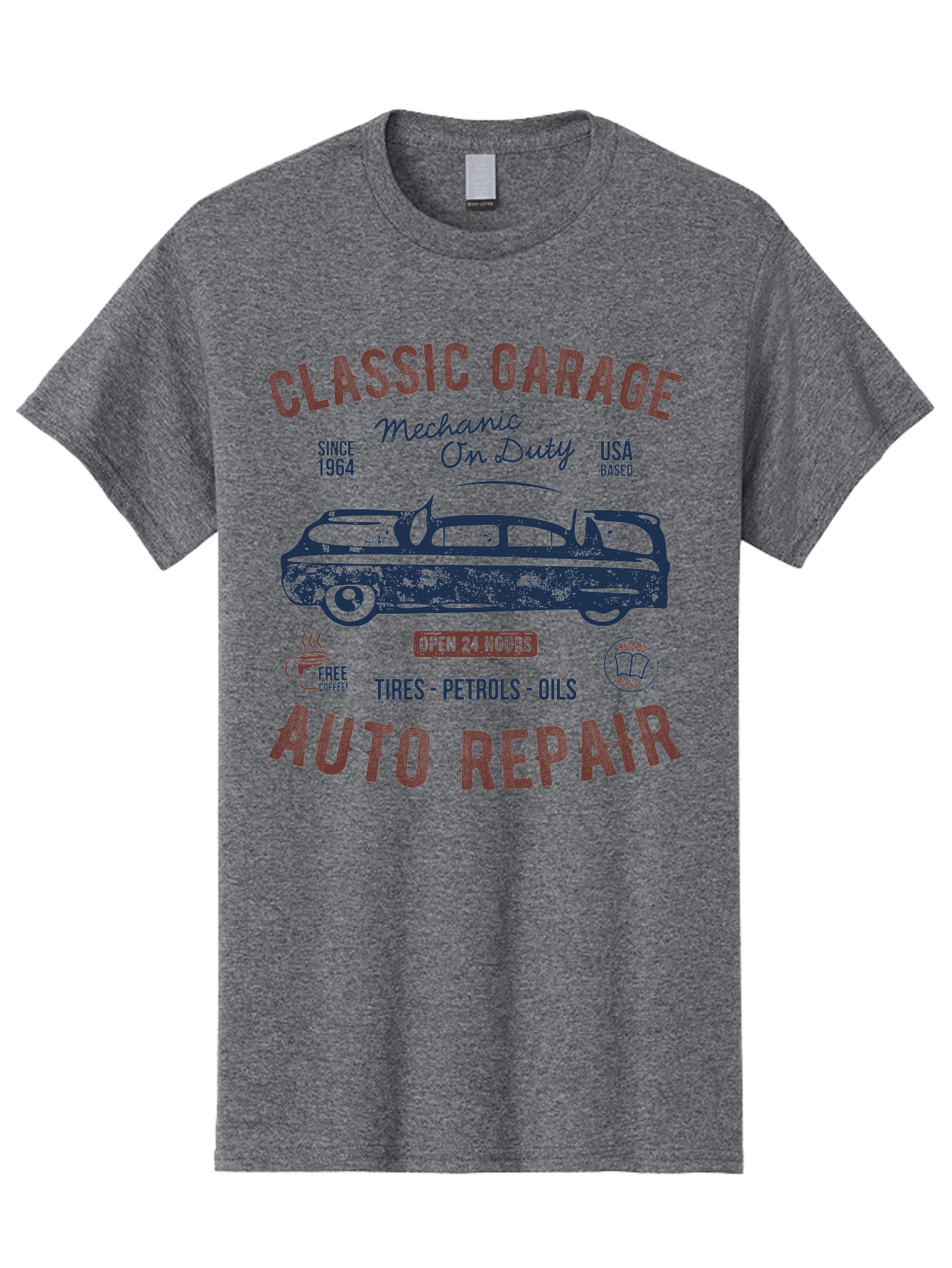 Classic-Garage-Auto-Repair Men'S Graphic Tee, 100% Cotton, Comfortable Casual Summer Wear, Machine Washable, Classic Car, Garage Services, 24-Hour Auto Repair, Mechanic On Duty, Tires, Petrols, Oils, Free Coffee, Usa-Based, Auto Repair Shop, Aab932 13