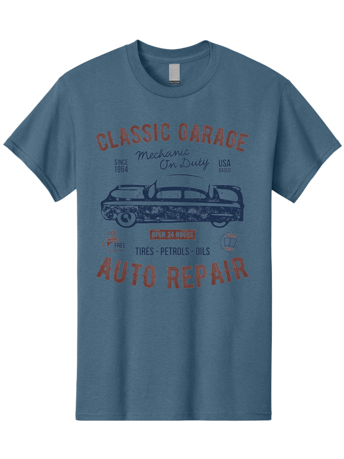 Classic-Garage-Auto-Repair Men'S Graphic Tee, 100% Cotton, Comfortable Casual Summer Wear, Machine Washable, Classic Car, Garage Services, 24-Hour Auto Repair, Mechanic On Duty, Tires, Petrols, Oils, Free Coffee, Usa-Based, Auto Repair Shop, Aab932 25
