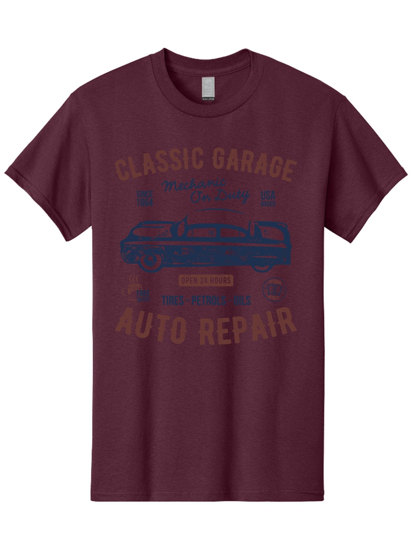Classic-Garage-Auto-Repair Men'S Graphic Tee, 100% Cotton, Comfortable Casual Summer Wear, Machine Washable, Classic Car, Garage Services, 24-Hour Auto Repair, Mechanic On Duty, Tires, Petrols, Oils, Free Coffee, Usa-Based, Auto Repair Shop, Aab932 4