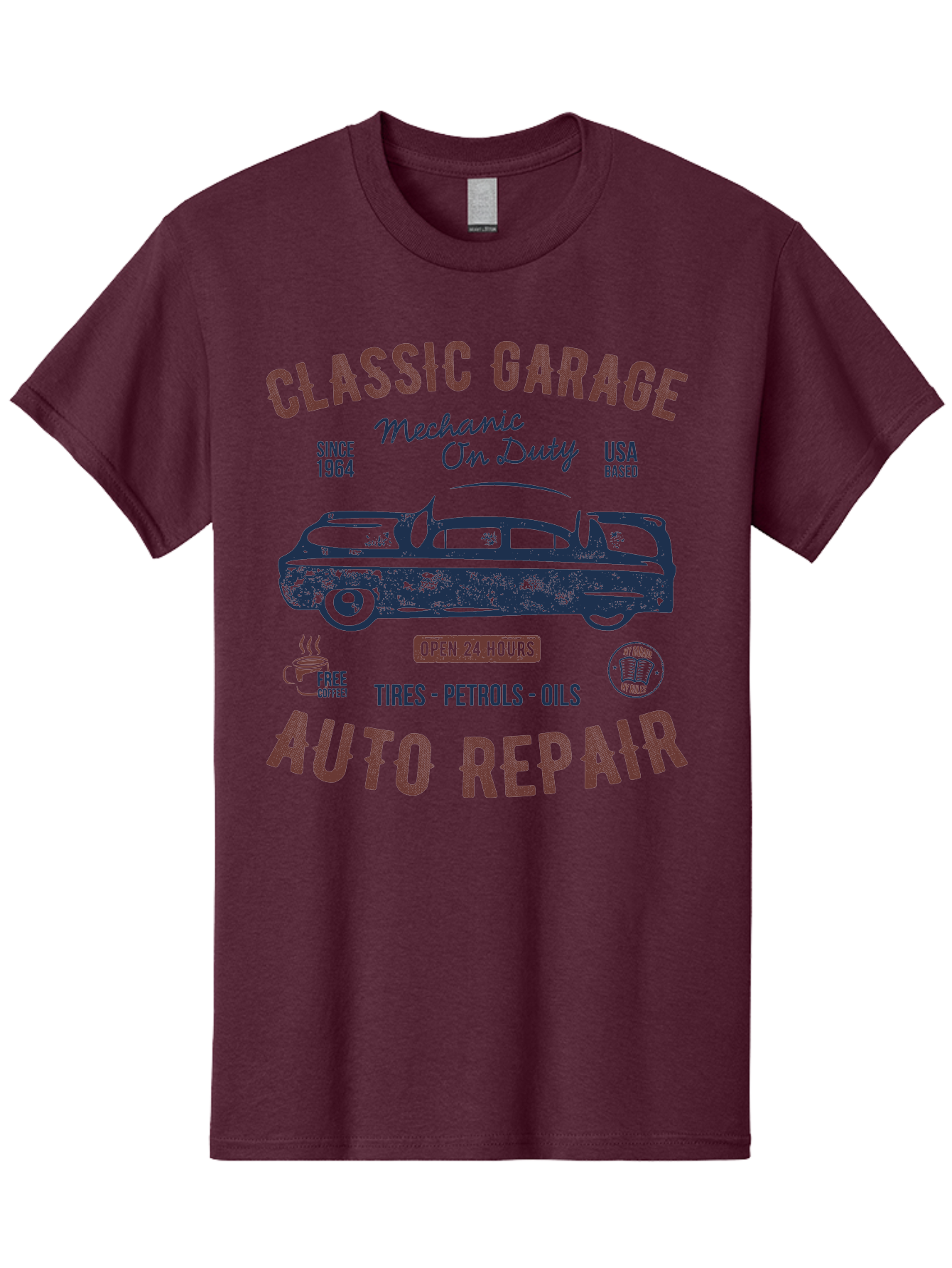 Classic-Garage-Auto-Repair Men'S Graphic Tee, 100% Cotton, Comfortable Casual Summer Wear, Machine Washable, Classic Car, Garage Services, 24-Hour Auto Repair, Mechanic On Duty, Tires, Petrols, Oils, Free Coffee, Usa-Based, Auto Repair Shop, Aab932 23