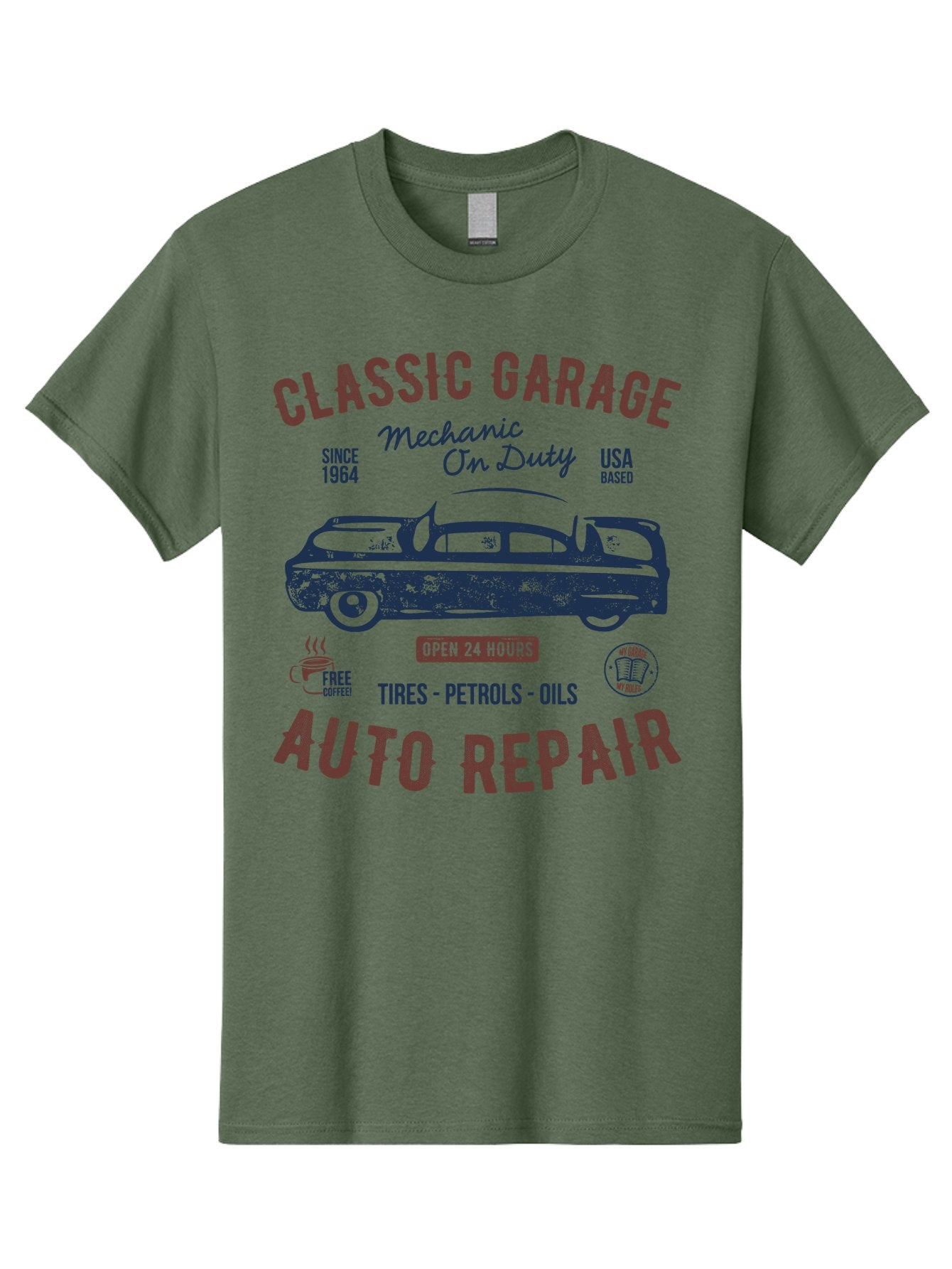Classic-Garage-Auto-Repair Men'S Graphic Tee, 100% Cotton, Comfortable Casual Summer Wear, Machine Washable, Classic Car, Garage Services, 24-Hour Auto Repair, Mechanic On Duty, Tires, Petrols, Oils, Free Coffee, Usa-Based, Auto Repair Shop, Aab932 12