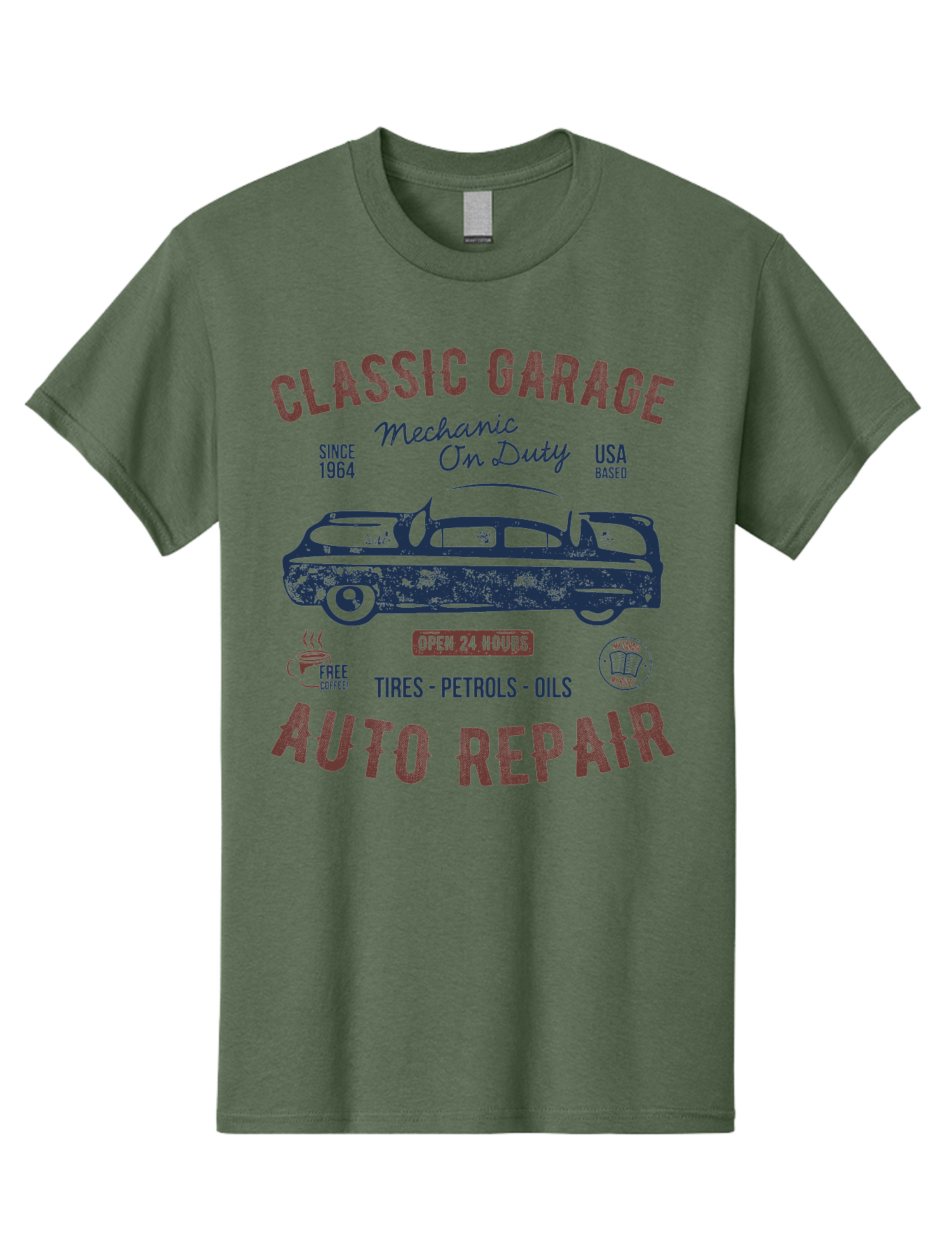 Classic-Garage-Auto-Repair Men'S Graphic Tee, 100% Cotton, Comfortable Casual Summer Wear, Machine Washable, Classic Car, Garage Services, 24-Hour Auto Repair, Mechanic On Duty, Tires, Petrols, Oils, Free Coffee, Usa-Based, Auto Repair Shop, Aab932 5