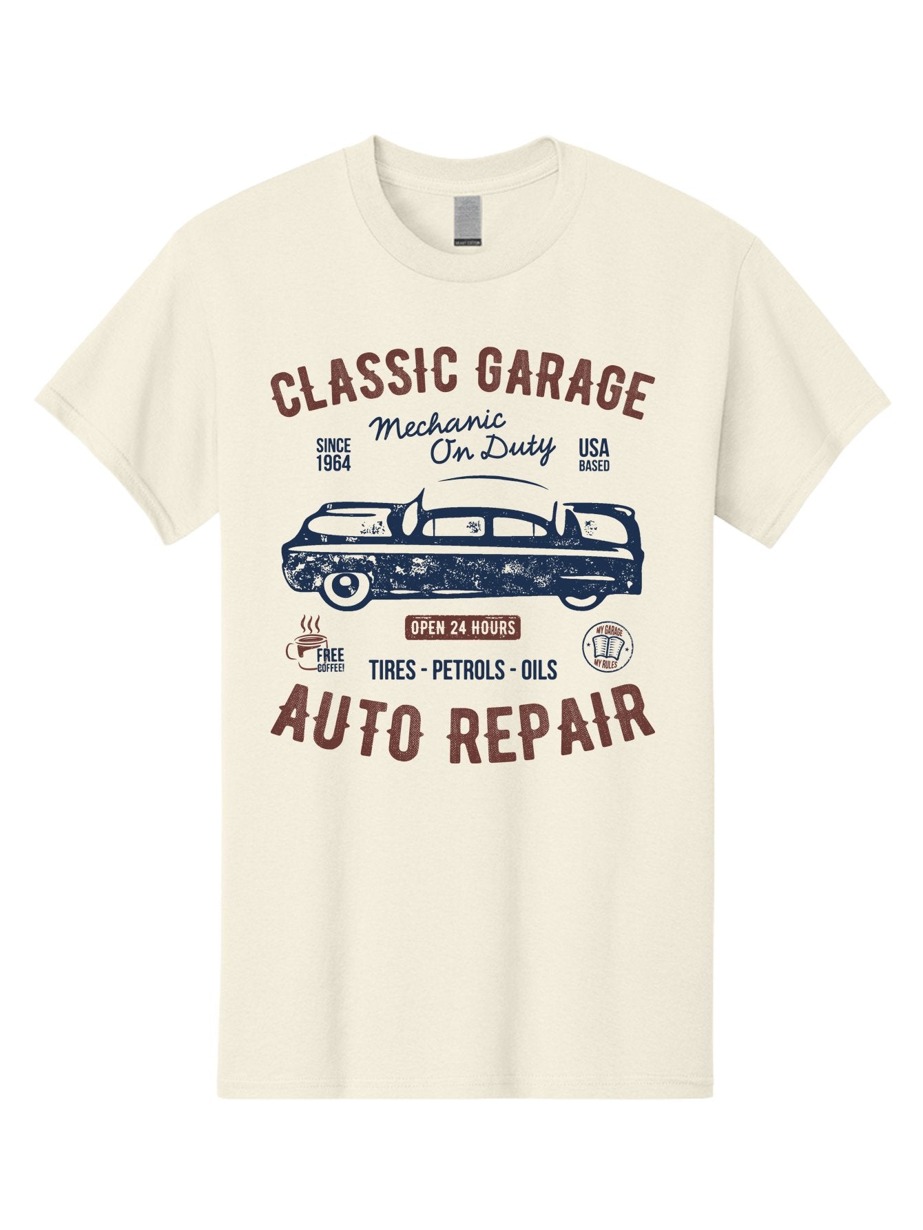 Classic-Garage-Auto-Repair Men'S Graphic Tee, 100% Cotton, Comfortable Casual Summer Wear, Machine Washable, Classic Car, Garage Services, 24-Hour Auto Repair, Mechanic On Duty, Tires, Petrols, Oils, Free Coffee, Usa-Based, Auto Repair Shop, Aab932 3